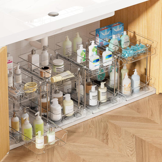Vtopmart 4 Pack 2 Tier Bathroom Under Sink Organizers and Storage, Clear Kitchen Pantry Organization, Pull Out Medicine Cabinet Organizer with Movable Dividers