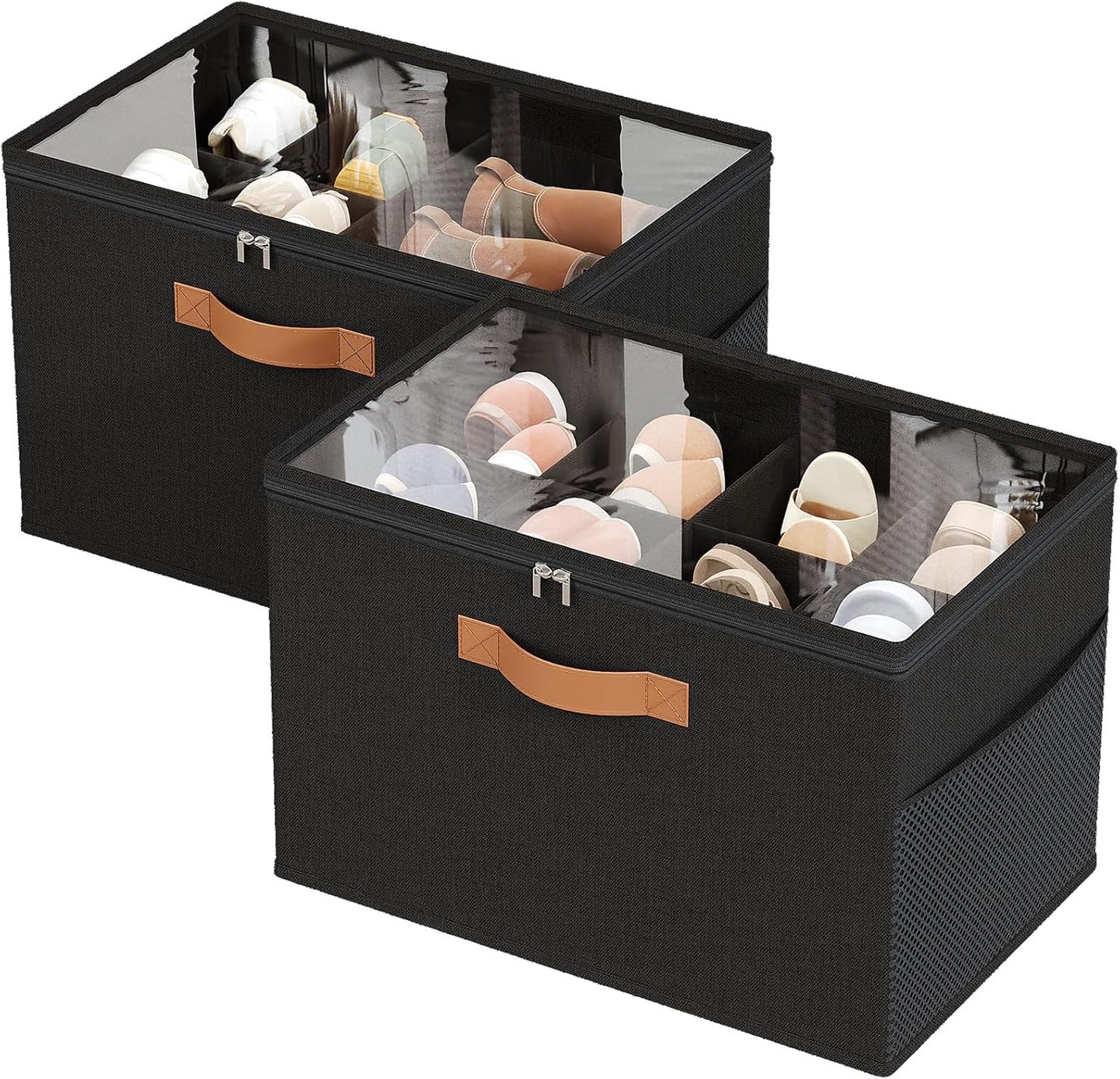 Shoe Organizer for Closet, 2 Pack Foldable Shoe Storage Organizer with Adjustable Dividers, Shoe Storage Box with Clear Cover, Fits up to 16 Pairs, Black