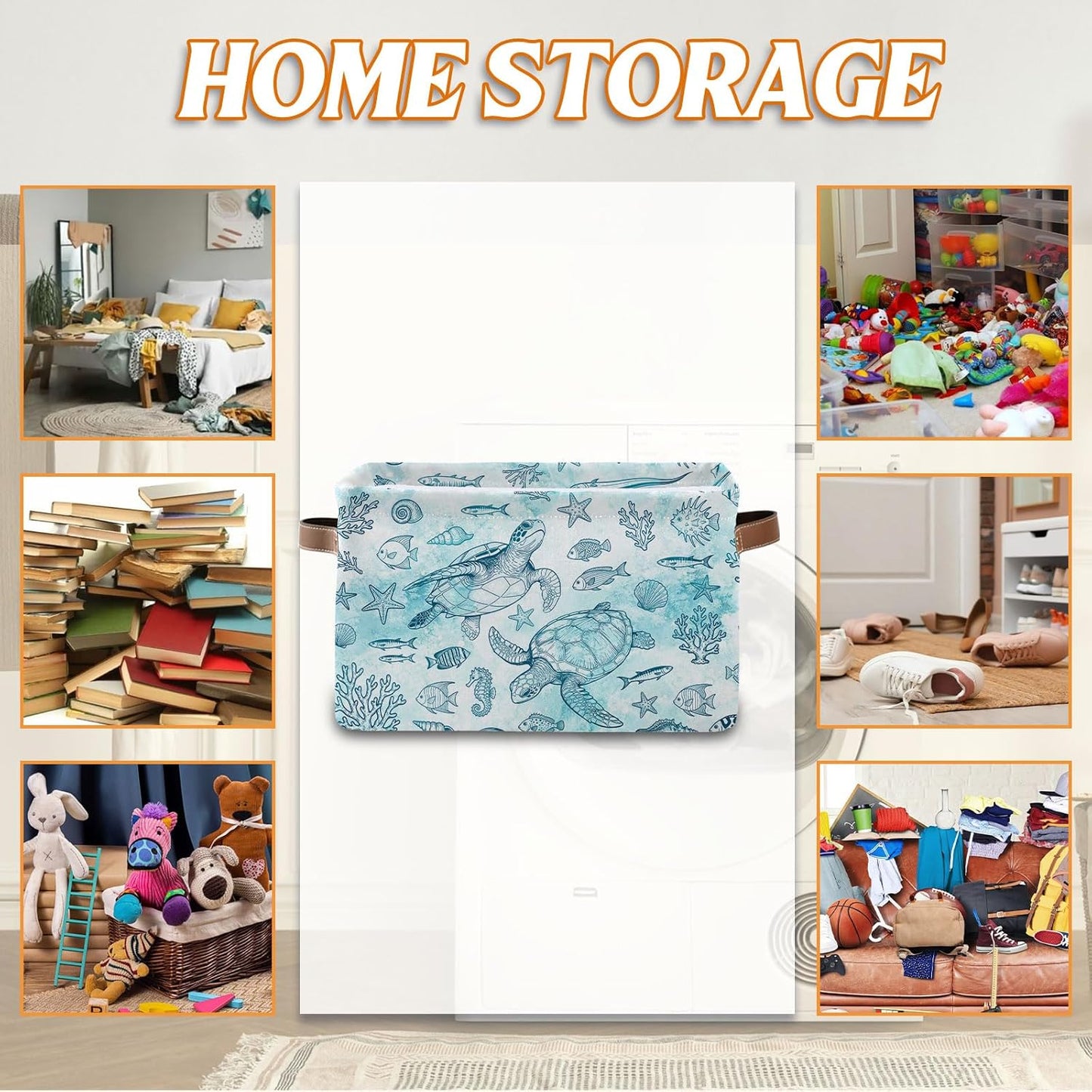 Rectangle Ocean Sea Turtle Storage Basket, Storage Box Bin with Handles for Toy, Collapsible Laundry Hamper, Laundry Organizer for Room Nursery, Gifts for Chritsmas Thanksgiving 14.9x11x9.4
