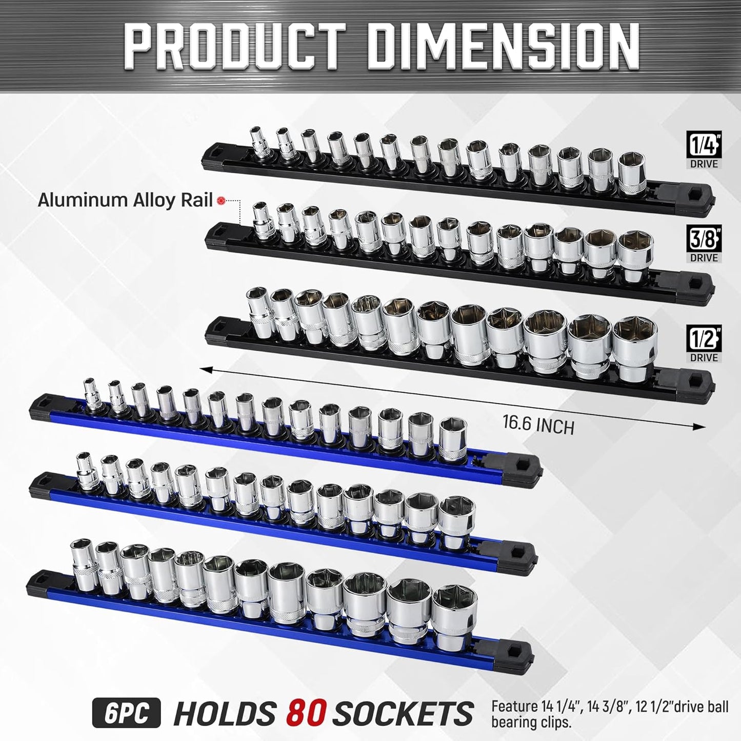 ALOANES 6-Piece Magnetic Socket Organizer, Heavy Duty Aluminum Socket Rails Organizer, 360° Swivel Clips Socket Holder Kit for Tool Box, 1/2, 3/8, 1/4-Inch Socket Holder x 80 Clips (Black&Blue)