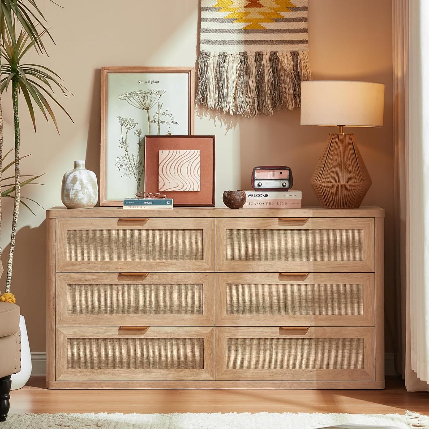 LEYAOYAO Rattan 6 Drawer Dresser for Bedroom, Boho 54" Wide Natural Wood Dresser Chest of Drawers, Dressers TV Stand with Metal Handle, Storage Dressers Closet Organizer for Living Room, Hallway