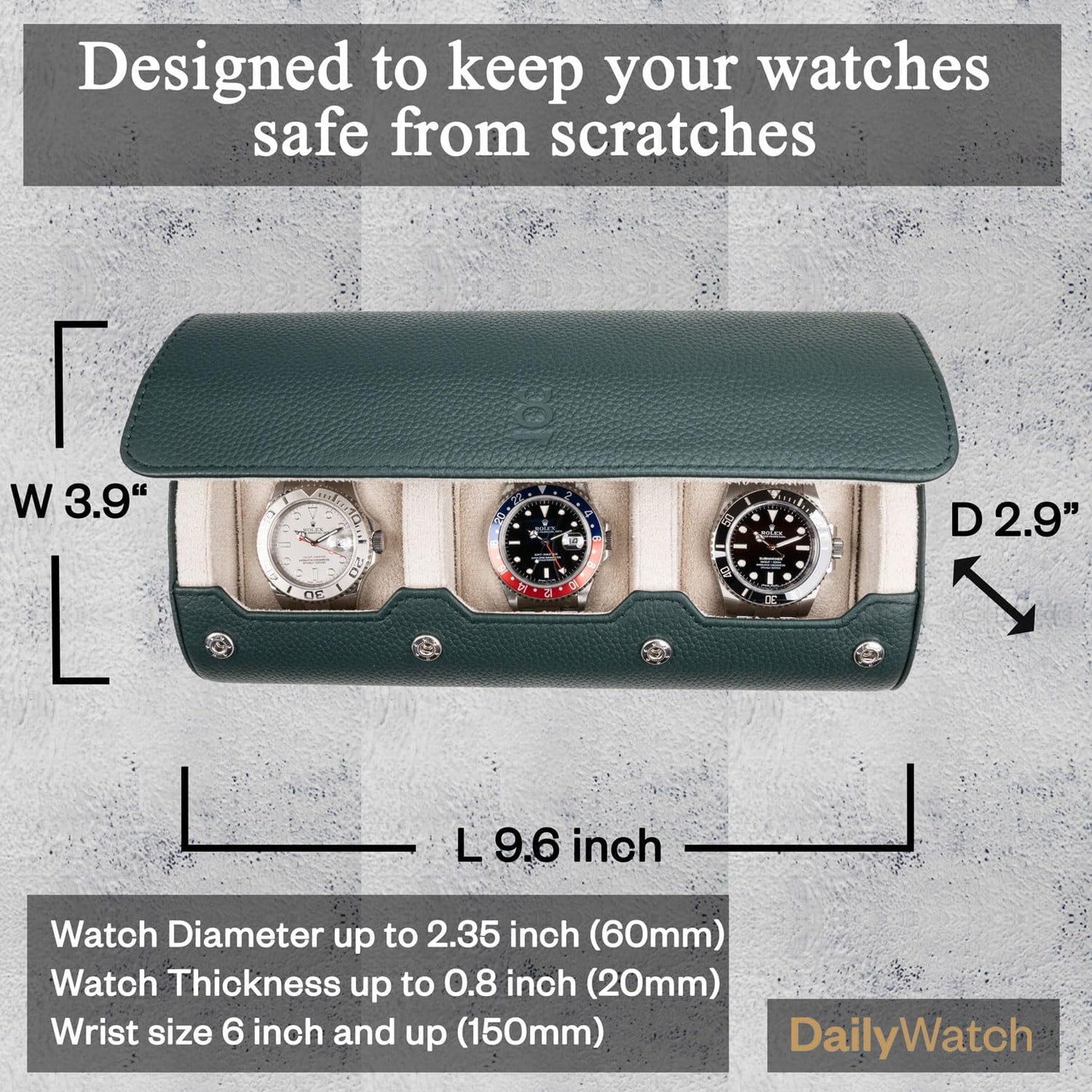 DailyWatch | Watch Roll Travel Case For 2 Watch | Luxury Watch Case In Genuine Leather With Soft Velvet Interior | Watch Case Protect, Store, & Display Your Watches | Dark Green Litchi