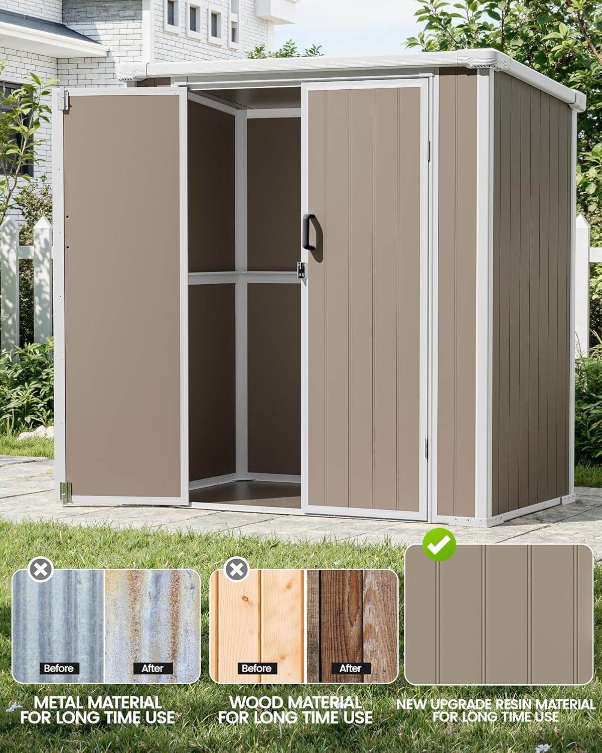 5x3 Resin Garden Sheds & Outdoor Storage on Clearance, Weather-Resistant Plastic Shed with Floor and Lockable Door for Garden Tools, Lawn Mower, Bike, Backyard Organization, Warm Gray