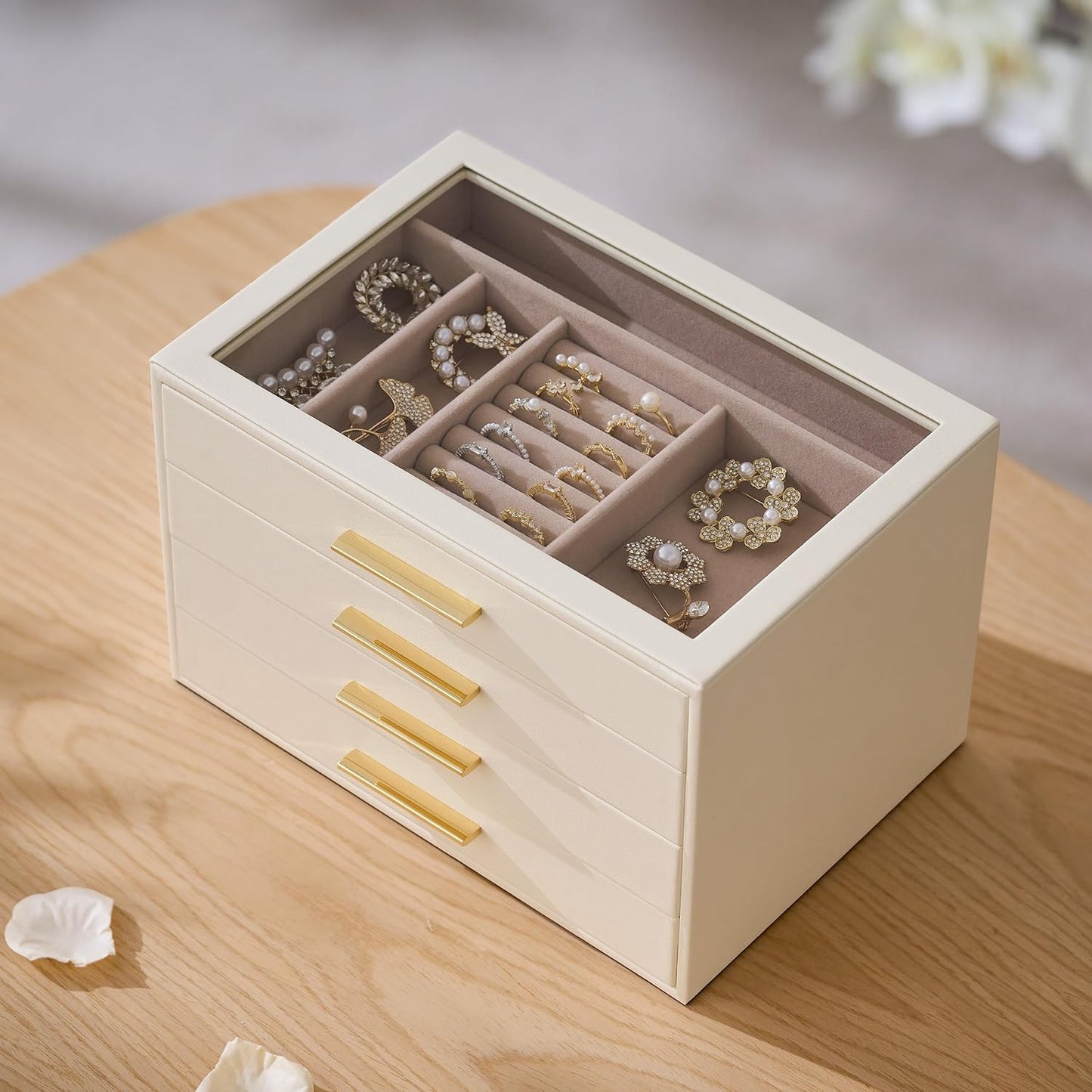 pickpiff Jewelry Box Organizer Case for Women: 4-Layer Jewelry Storage Case with Glass Window, Ivory Leather with Pink Velvet, Holder for Ring Necklace Bracelet Brooch Watch, Great Gift for Her