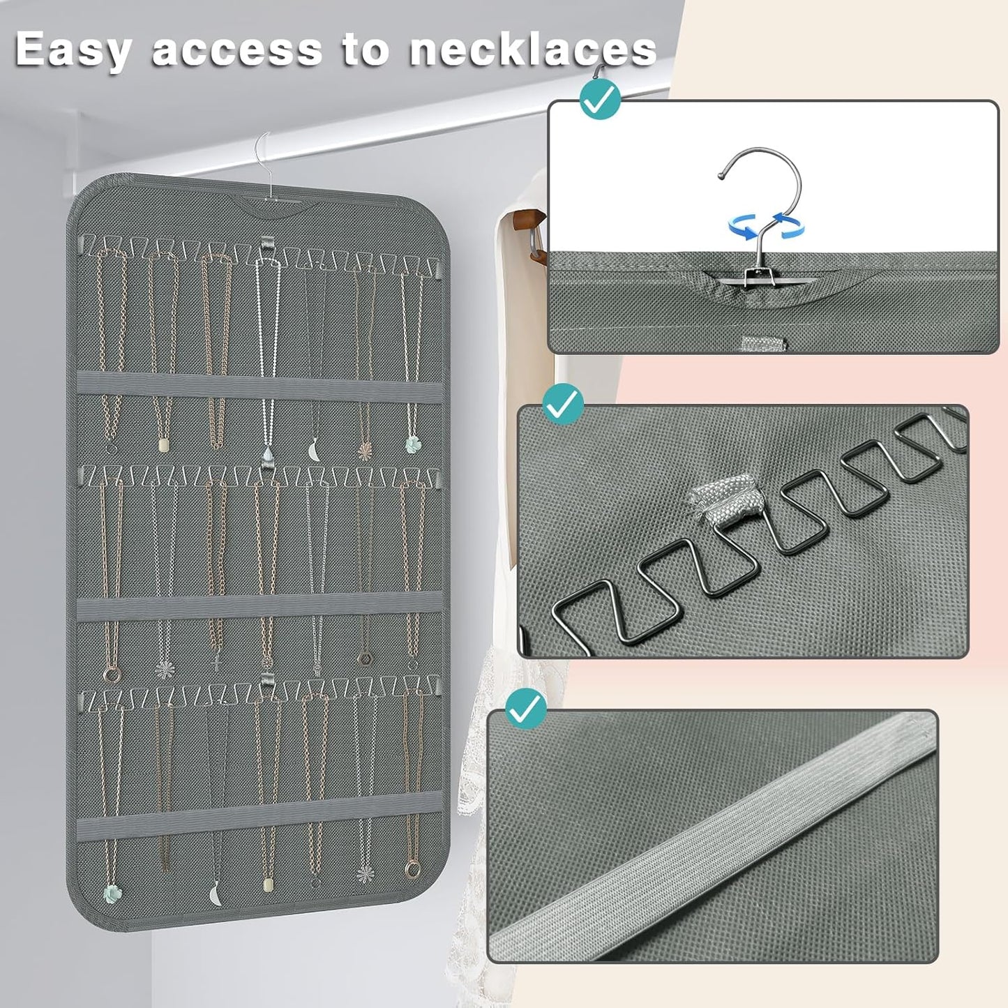 Hanging Jewelry Organizer Storage, 40 Pockets 36 Hooks Necklace Earring Necklace Bracelet Ring Organizer, Double - Sided Design, Grey