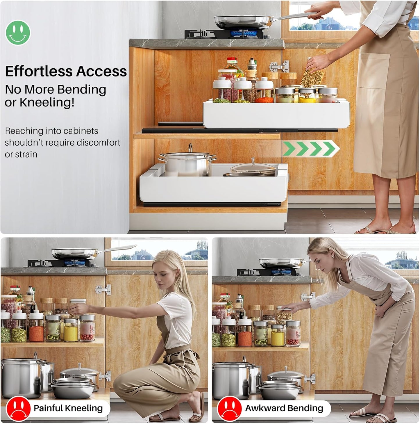 Kitstorack Pull out Cabinet Organizer, Expandable(12"-20") Heavy Duty Slide out Drawers Fixed with Adhesive Nano Film for Pots, Roll out Shelf Storage for Kitchen Base Cabinet Organization(White)