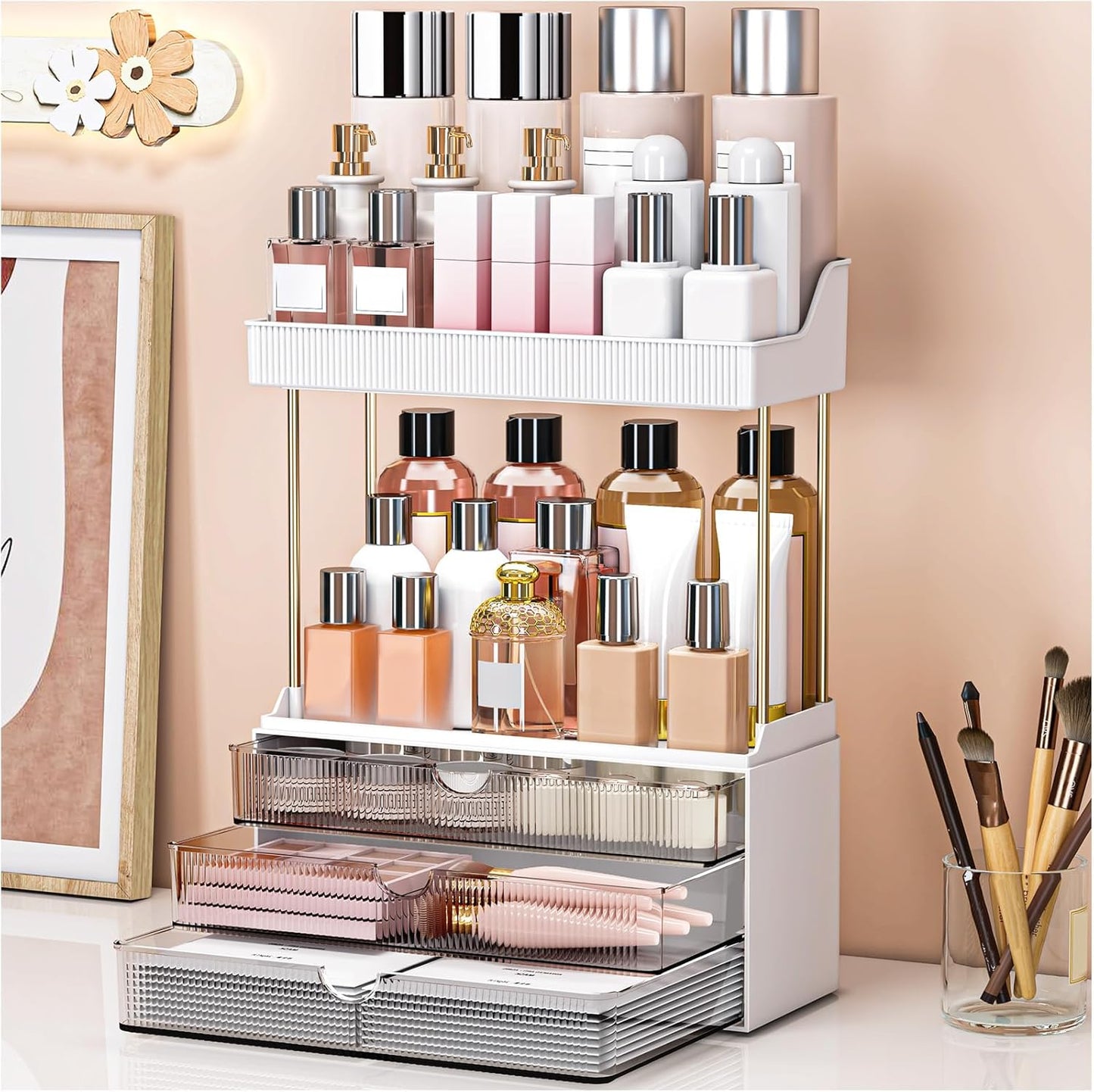 Bathroom Organizers and Storage - 3 Drawers 2 Tier Makeup Organizer, Cosmetic Storage Drawer for Dresser Countertop and Bathroom Vanity for Large Skincare, Perfume, Grey