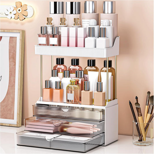 Bathroom Organizers and Storage - 3 Drawers 2 Tier Makeup Organizer, Cosmetic Storage Drawer for Dresser Countertop and Bathroom Vanity for Large Skincare, Perfume, Grey