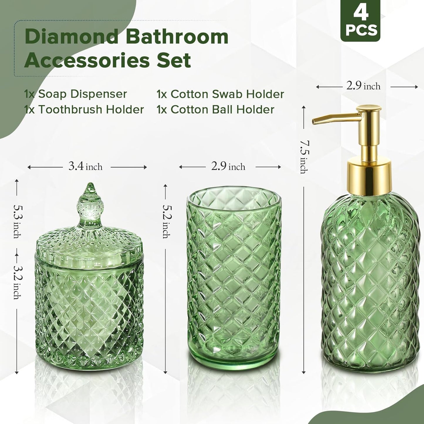 Green Bathroom Accessories Set, 4 Pack Olive Green Bathroom Decor Accessory Sets Complete, Diamond Glass Soap Dispenser and Toothbrush Holder Set for Bath Counter Organizer Essentials