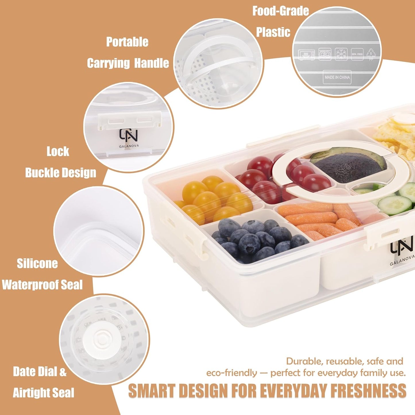 Snackle Box Container - 10 Compartments Including 2 XL, Dishwasher & Microwave Safe, Divided Serving Tray with Lid and Handle, BPA-Free, snack box (1 PCS, White, 1 Box with 2 XL Compartments)