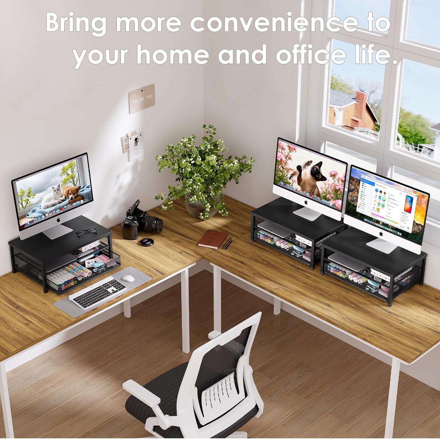 OPNICE Computer Monitor Stand Riser, Desk Organizer with Drawer, Laptop Stand, Office Desk Accessories & Workspace Desktop Organizers Storage for Office Supplies(Black 2-Pack)