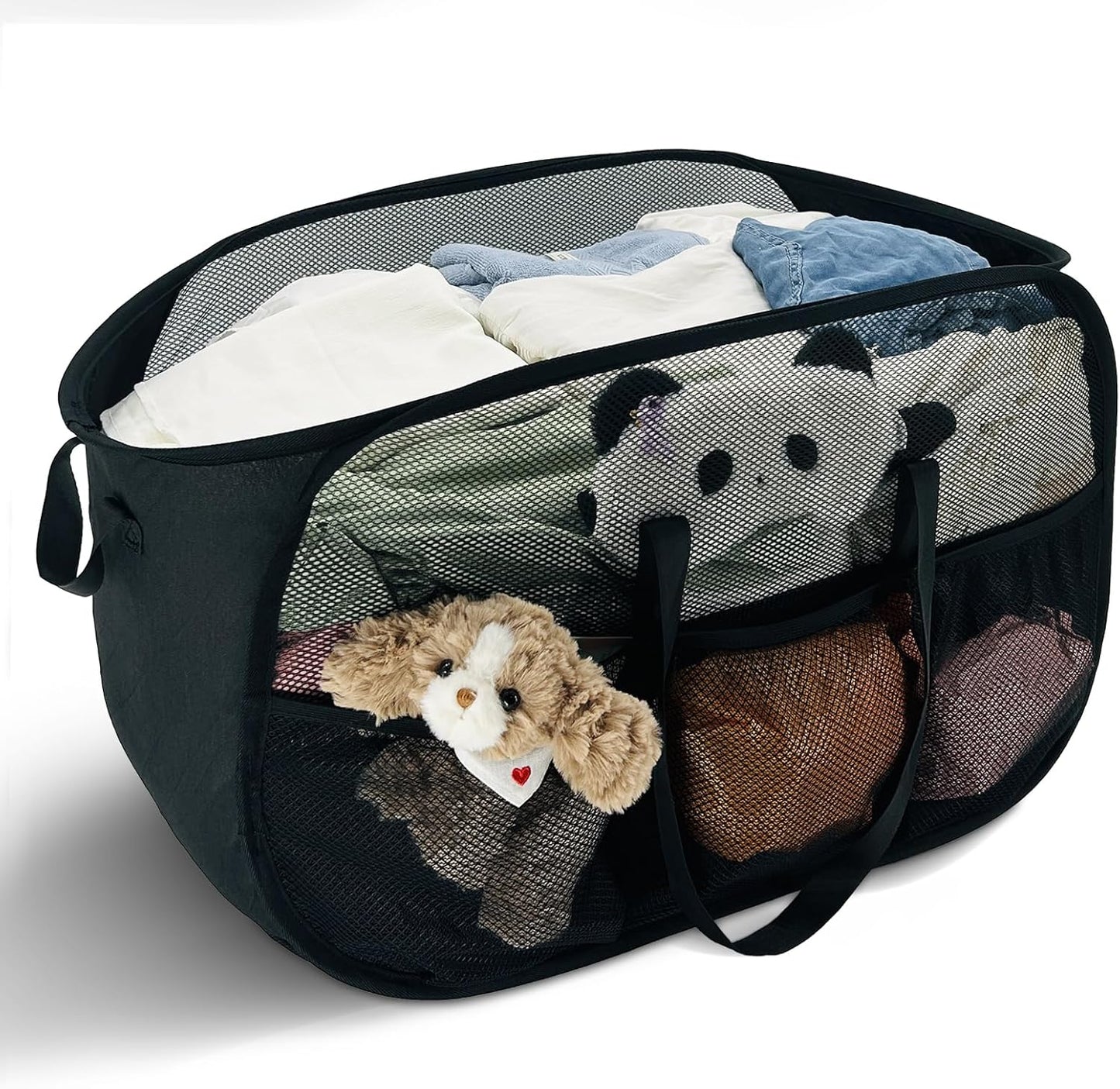 100L Extra Large Mesh Pop Up Hamper with Handles and bag, Upgraded Cationic XL Collapsible Laundry Baskets, Portable Stair Basket, Dirty Clothes Hamper for Cruise Travel Bedroom. Black