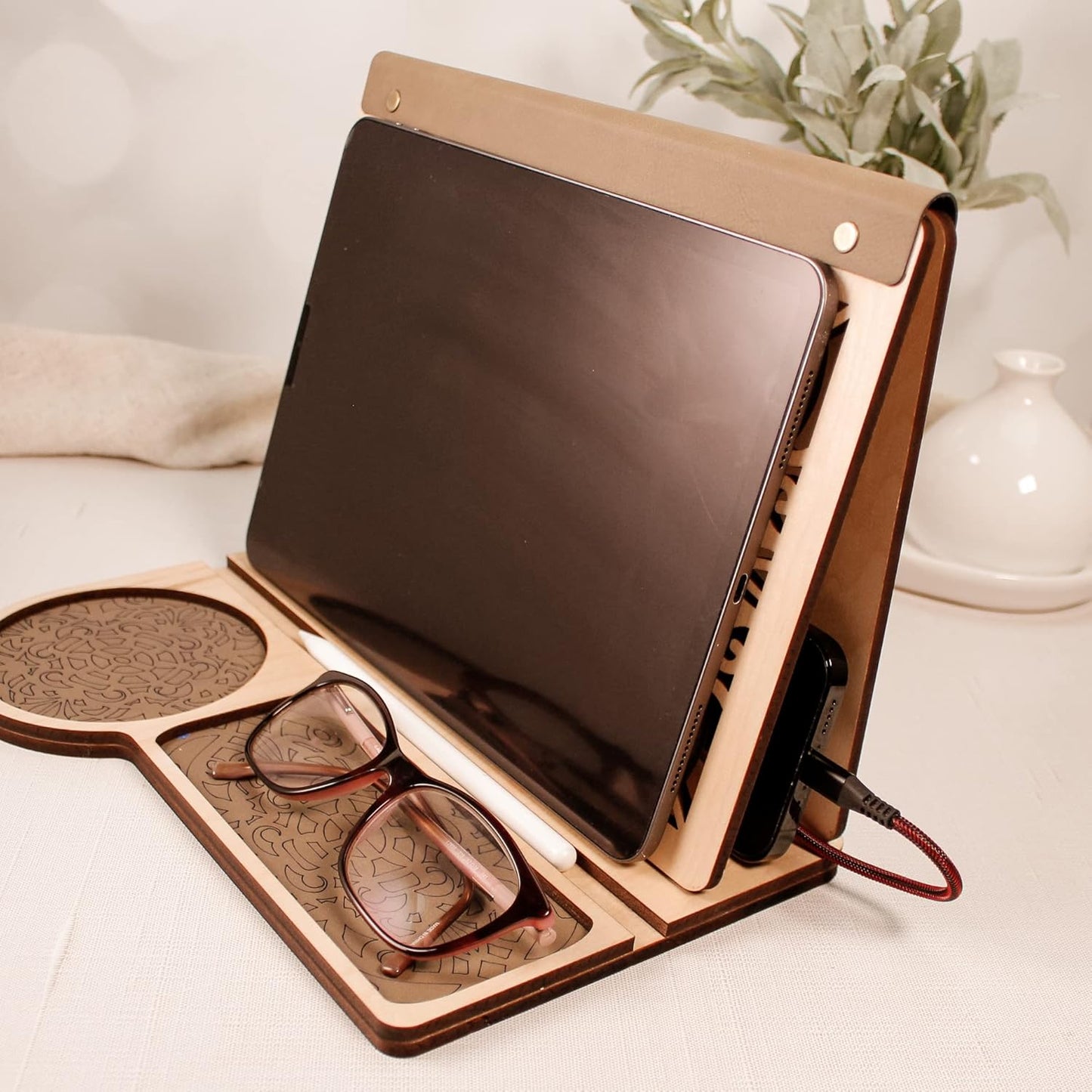 Book Nook Reading Valet Stand for Mom or Grandma, Coffee Cup Mug Glasses Cell Phone Holder, Wood Triangle Book Rest and Page Saver for Bedside Nightstand, Gift Idea for Book Lovers