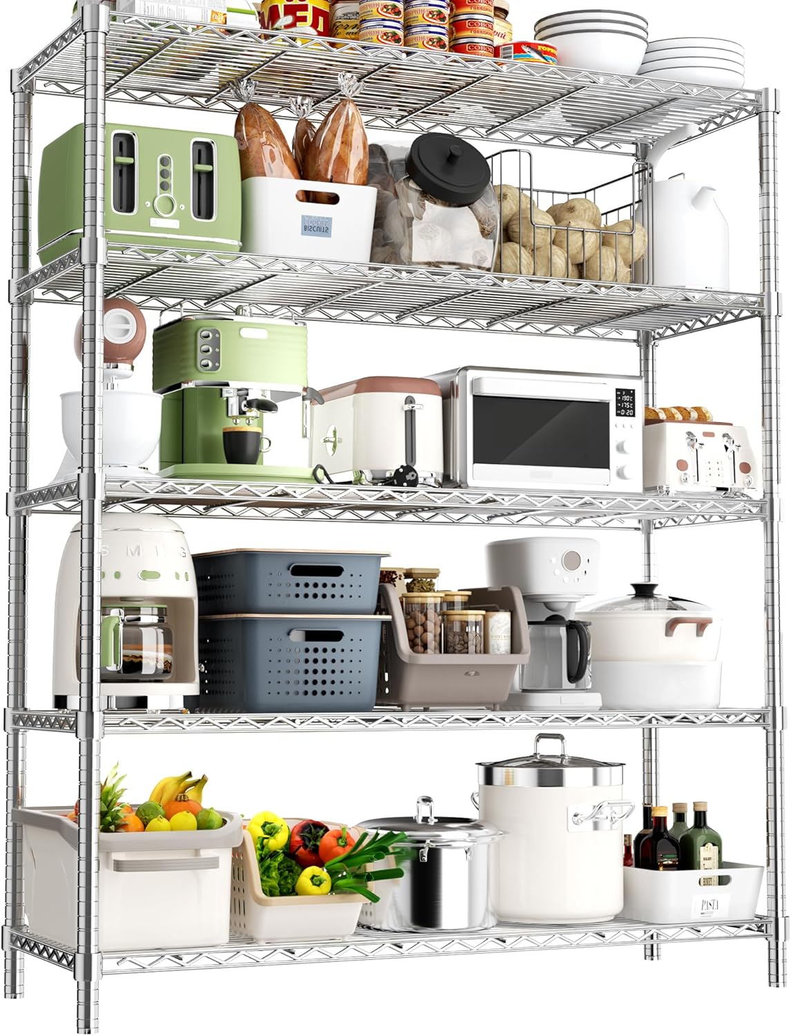 Storage Shelves Heavy Duty, 48" L x 20" W x 72" H Garage Wire Shelving Unit Loads 2000LBS, 5-Tier Adjustable Metal Industrial Utility Shelf Rack for Kitchen, Laundry Room, Pantry, Warehouse, Basement