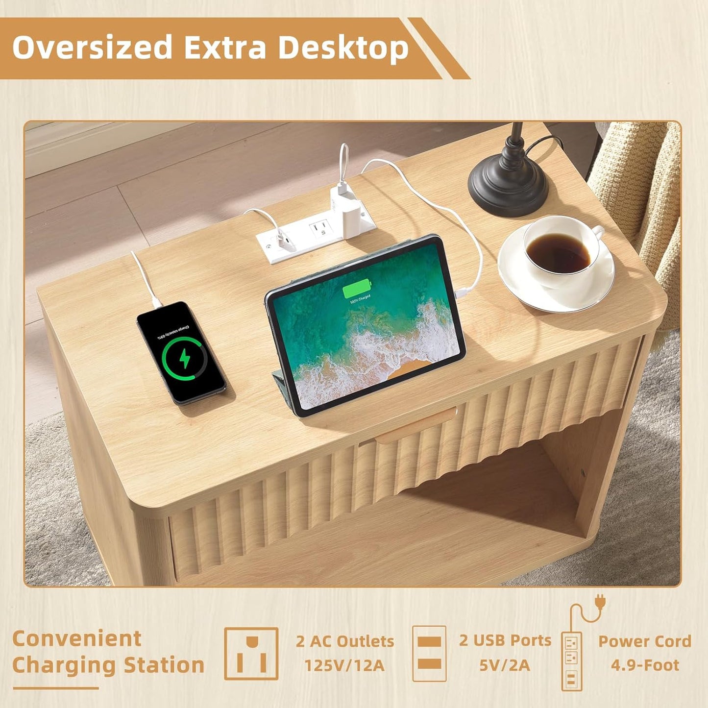 LEYAOYAO 31" Wide Fluted Nightstand with Charging Station, Oversized Extra Large 1 Drawer Night Stand with Golden Handle, Natural Wood Bedside Table Tall End Tables,for Bedroom, Living Room, Hallway
