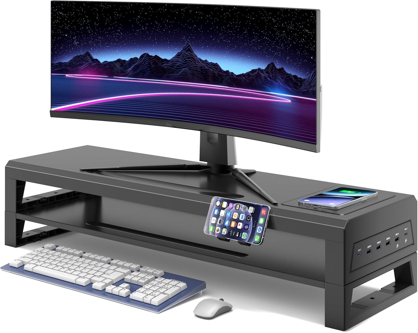 All-in-One Dual Monitor Stand Riser, 5USB Ports and WirelessCharging Pad for MonitorsDesk Organizer for PC, iMac (Wireless Charging, Two-layer 700mm)