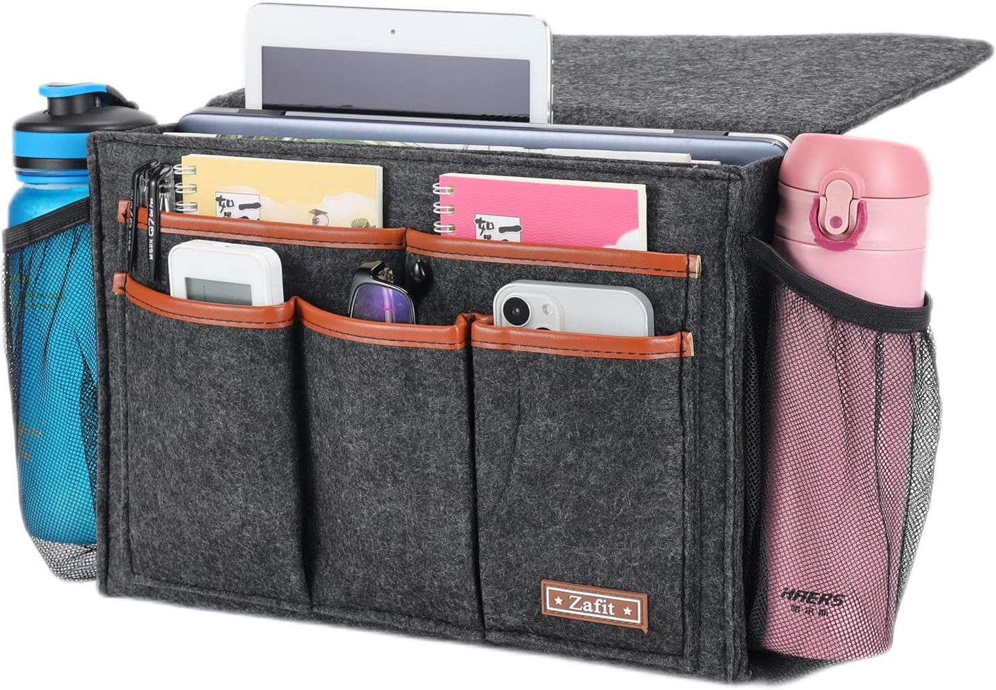 Bedside Caddy, Large Size Bedside Storage Organizer Bedside Organizer Caddy for Magazine Remotes Phone (13.4'' x 18.1'' Plus Size, Dark Grey)