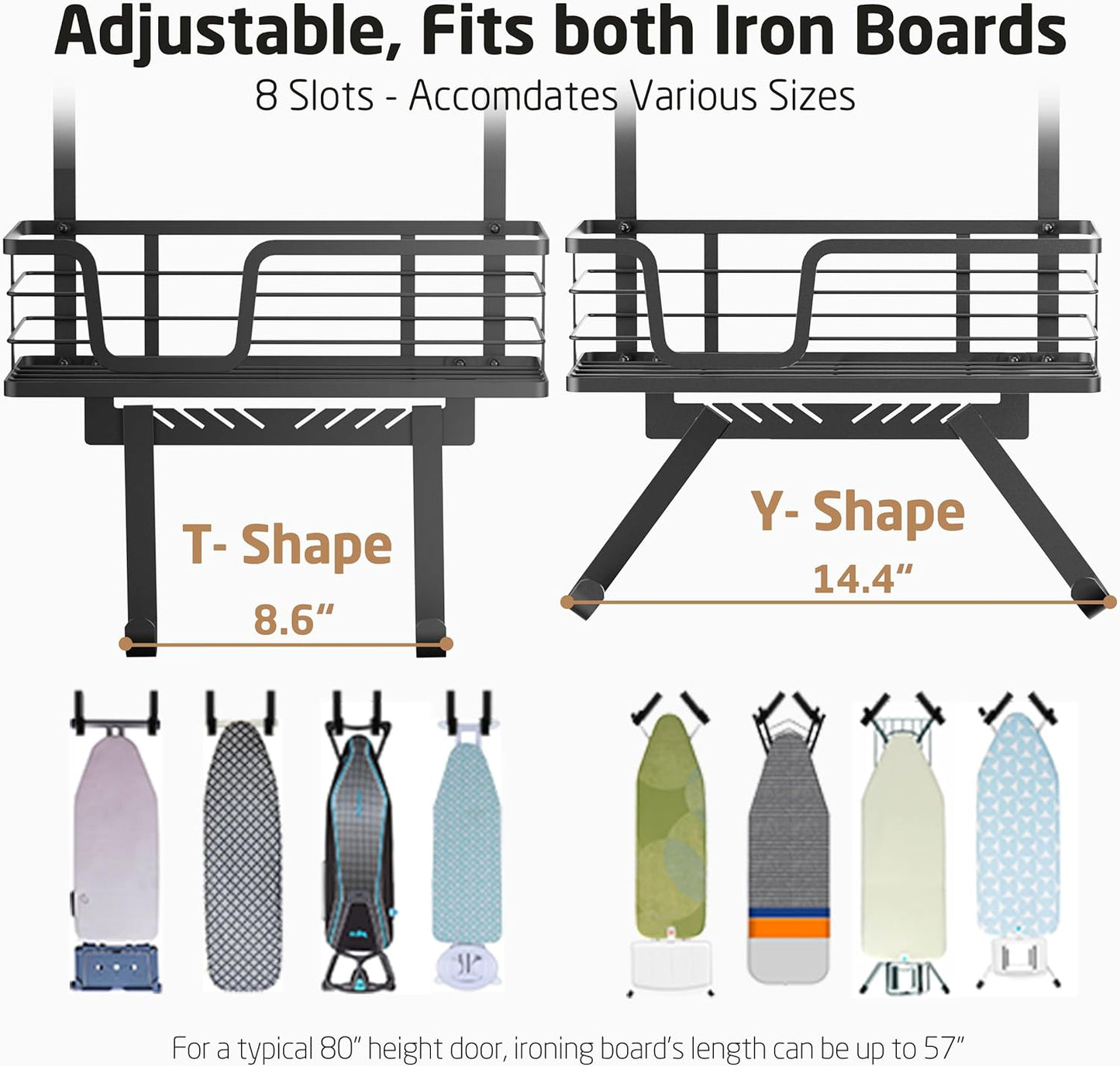 KES Over The Door Ironing Board Holder, Ironing Board Hanger Door Mount with Storage Shelf Y and T Shaped Fits for 1 3/8 Doors Matte Black, HIR501A-BK