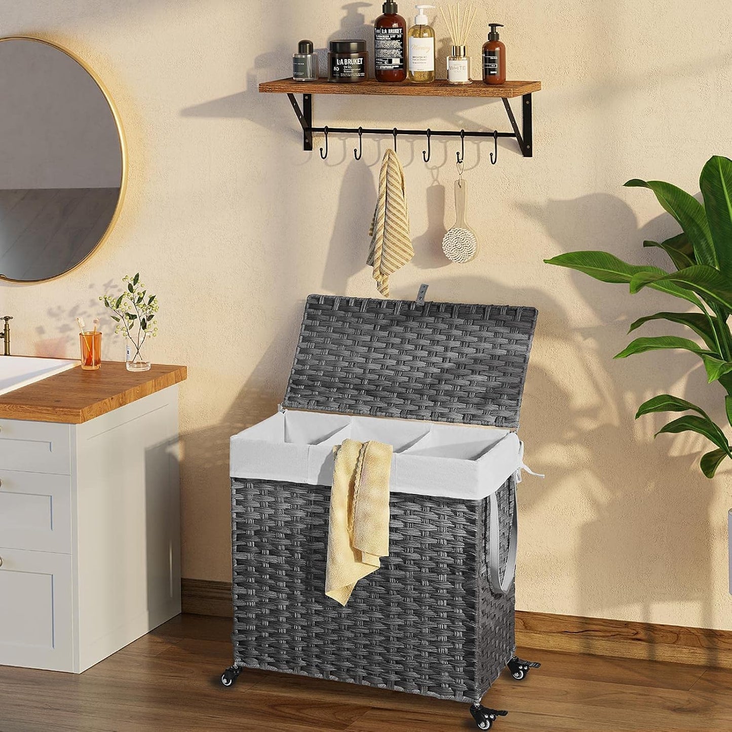 GREENSTELL Laundry Hamper with Wheels&Lid, 130L Large 3 Sections Clothes Hamper with 2 Types Removable Liner Bags, 5 Mesh Laundry Bags, Handwoven Divided Laundry Basket Gray