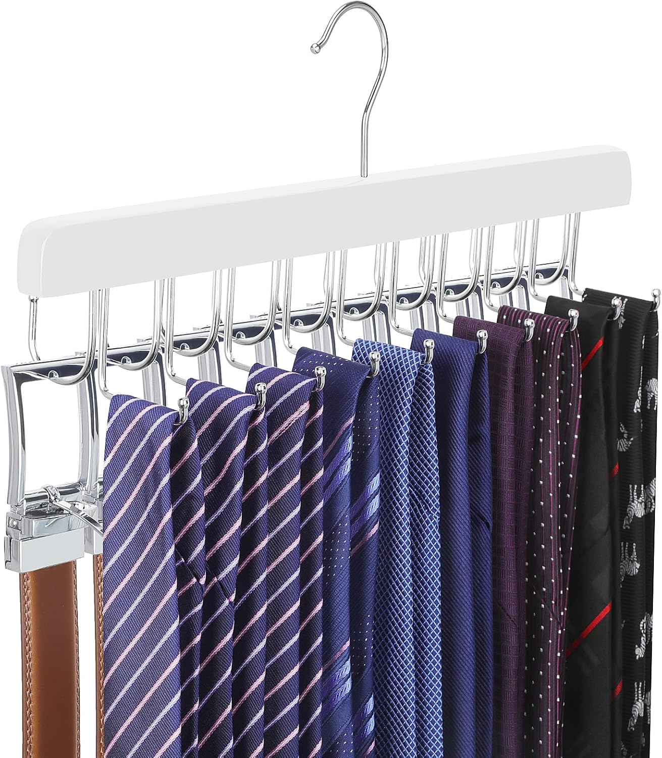 TOPIA HANGER 20 Hooks 2 in 1 Belt Tie Hanger for Closet Max 30 Belts with 30 Ties Capacity, Belt Tie Racks Wooden Hanger for Closet Organizer Storage “U” Fit for Belt and “一” Fit for Tie - CT47W