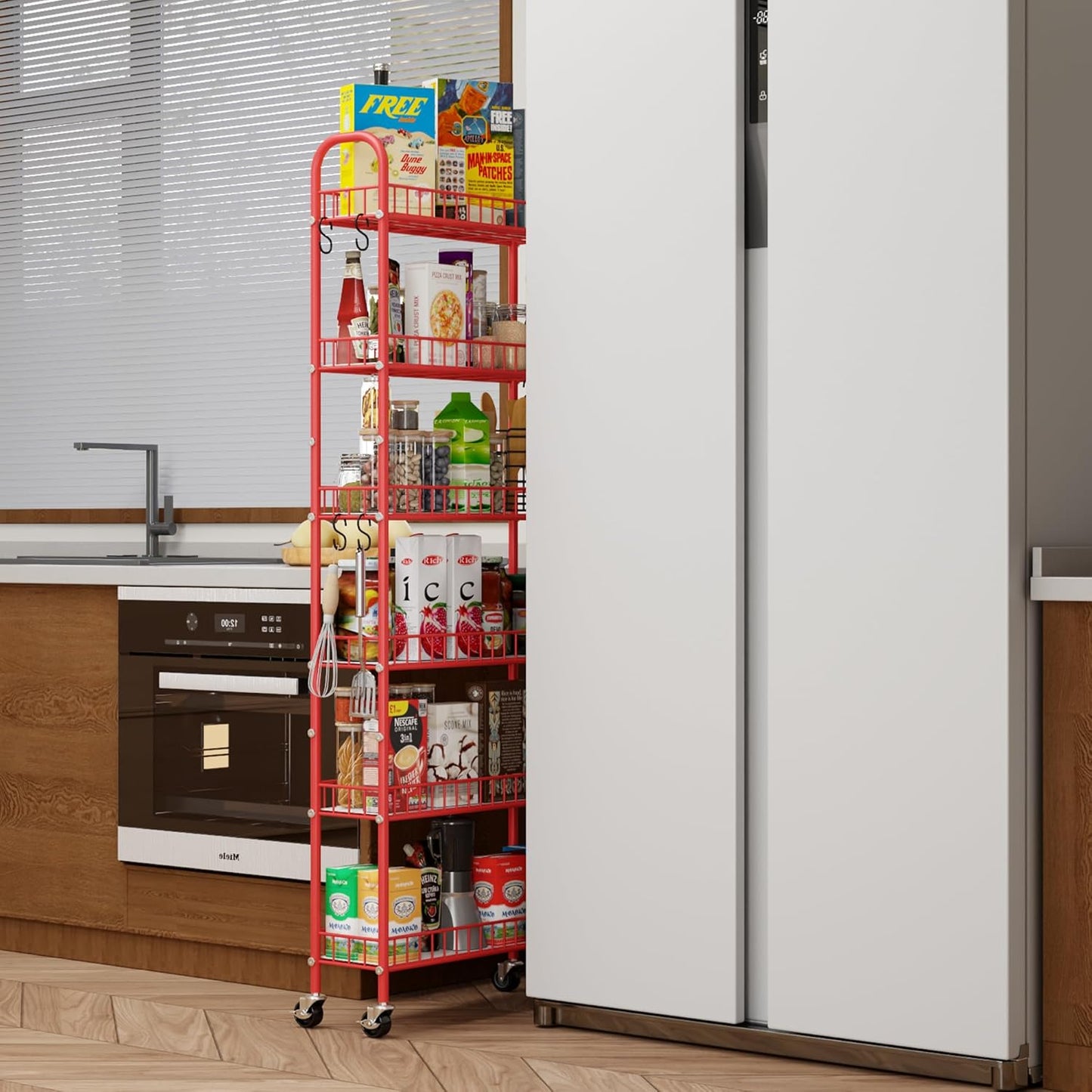Slim Rolling Storage Cart 6 Tier, Metal Kitchen Rolling Utility Cart with Lockable Wheels for Kitchen, Bathroom, Office, Laundry Room, Small Narrow Spaces (Red 6 Inches)