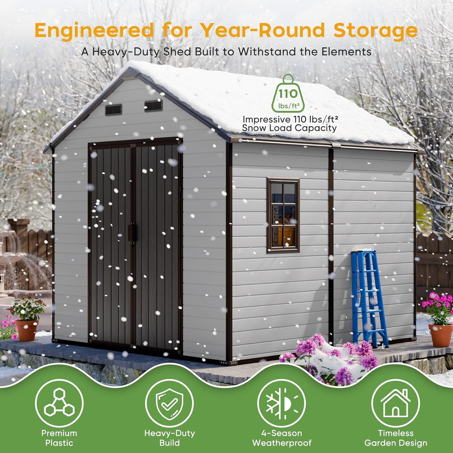 8x8 Shed with Floor, Heavy-Duty Plastic Resin Sheds & Outdoor Storage, Garden Tool Shed for Backyard, Patio, Bike Storage with Lockable Awning Windows & Reinforced Steel Frame（23-Gauage