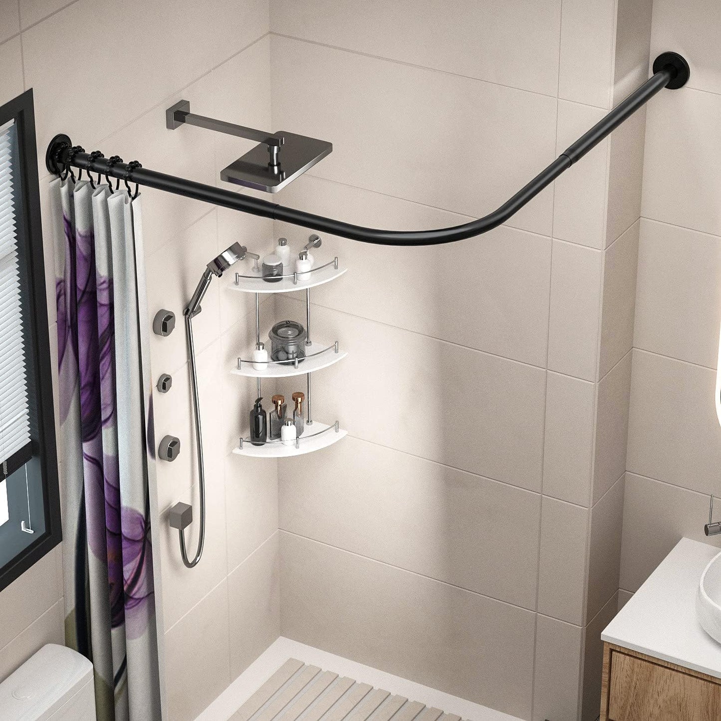 Corner Shower Curtain Rod Adjustable Stainless Steel L Shaped Rack Drill Free Install for Bathroom, Bathtub, Clothing Store (Black, 35.5"-51.2" x 35.5"-51.2")