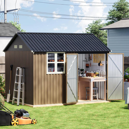 Update 8x10 FT Outdoor Metal Storage Shed, Single Door, 1 Clear Window, Tool Shed for Garden, Patio, Backyard Brown