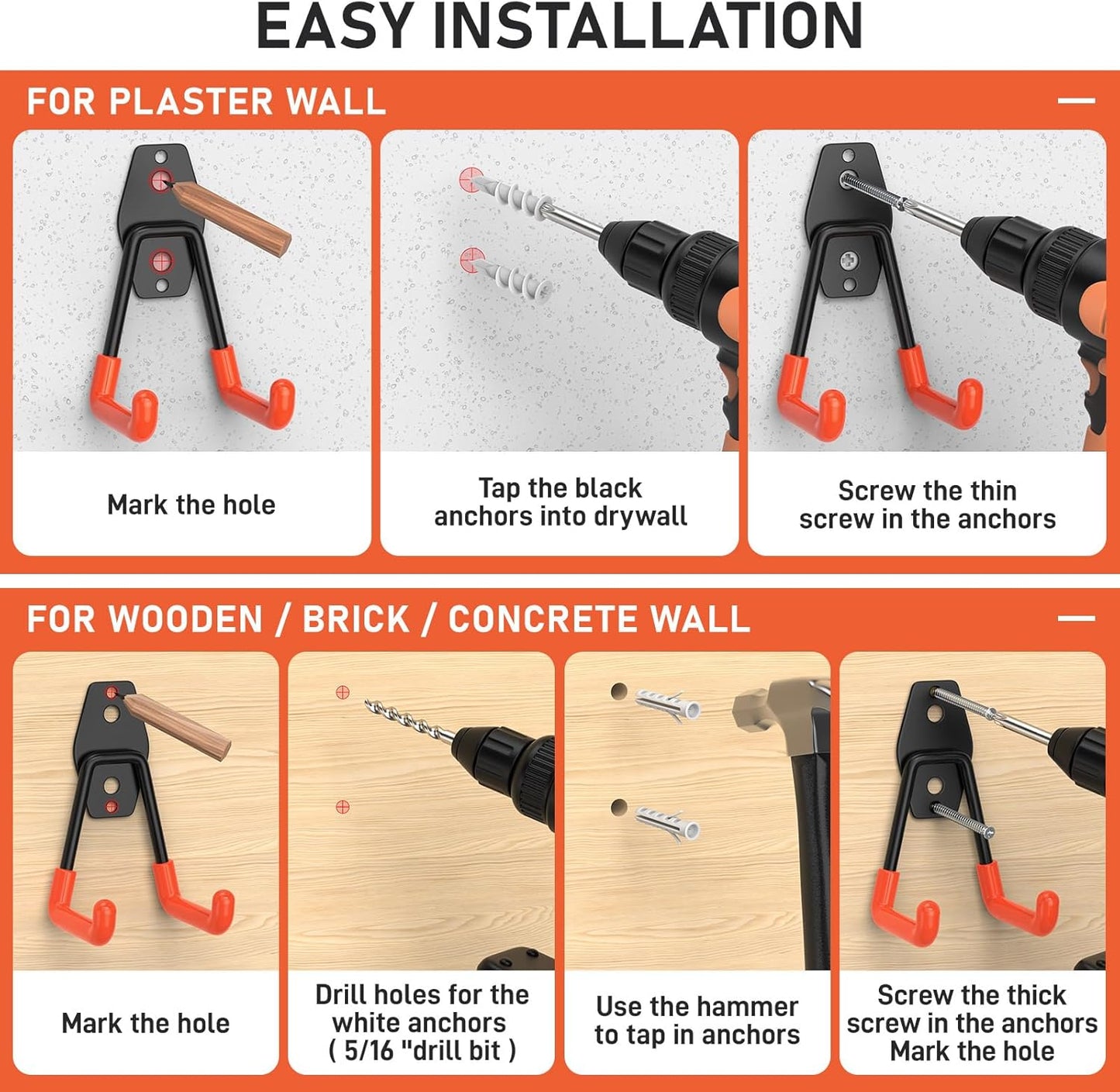 Garage Hooks with Anti-Slip Coating,Heavy Duty Wall Mount Storage Hooks for Hanging Bike,Hose,Ladder,Yard,Garden Tools (42 Pack Orange)