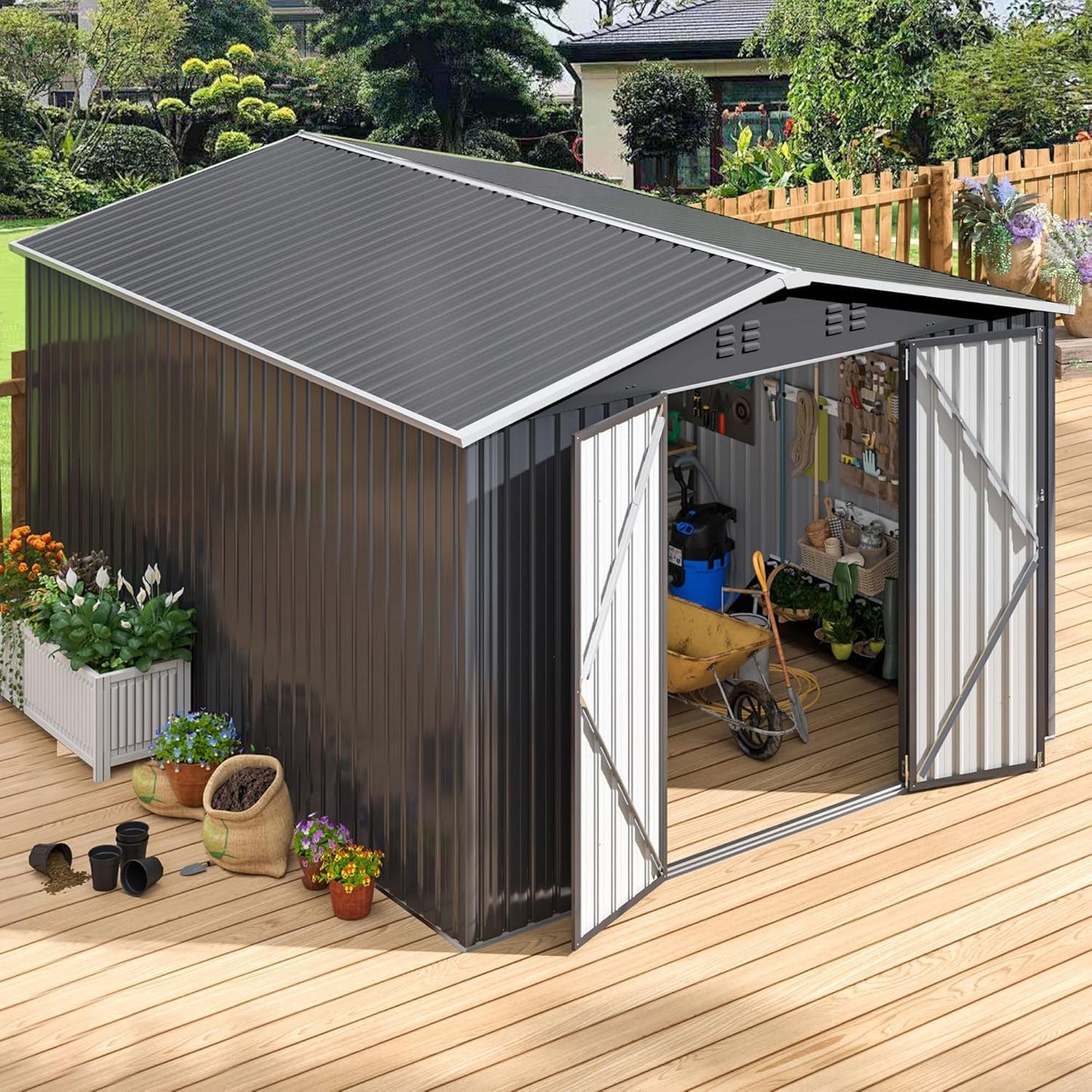 Polar Aurora 10 x 14 FT Outdoor Storage Shed, Metal Garden Shed with with Updated Frame Structure, Tool Sheds for Backyard Garden Patio Lawn, Black