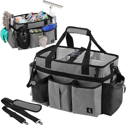 Large Cleaning Caddy Bag Built-in Sturdy Support Board, Cleaning Organizer with Detachable Divider, Cleaning Supply Tote with Adjustable Shoulder Strap&Waist Belt for Cleaners & Housekeeper