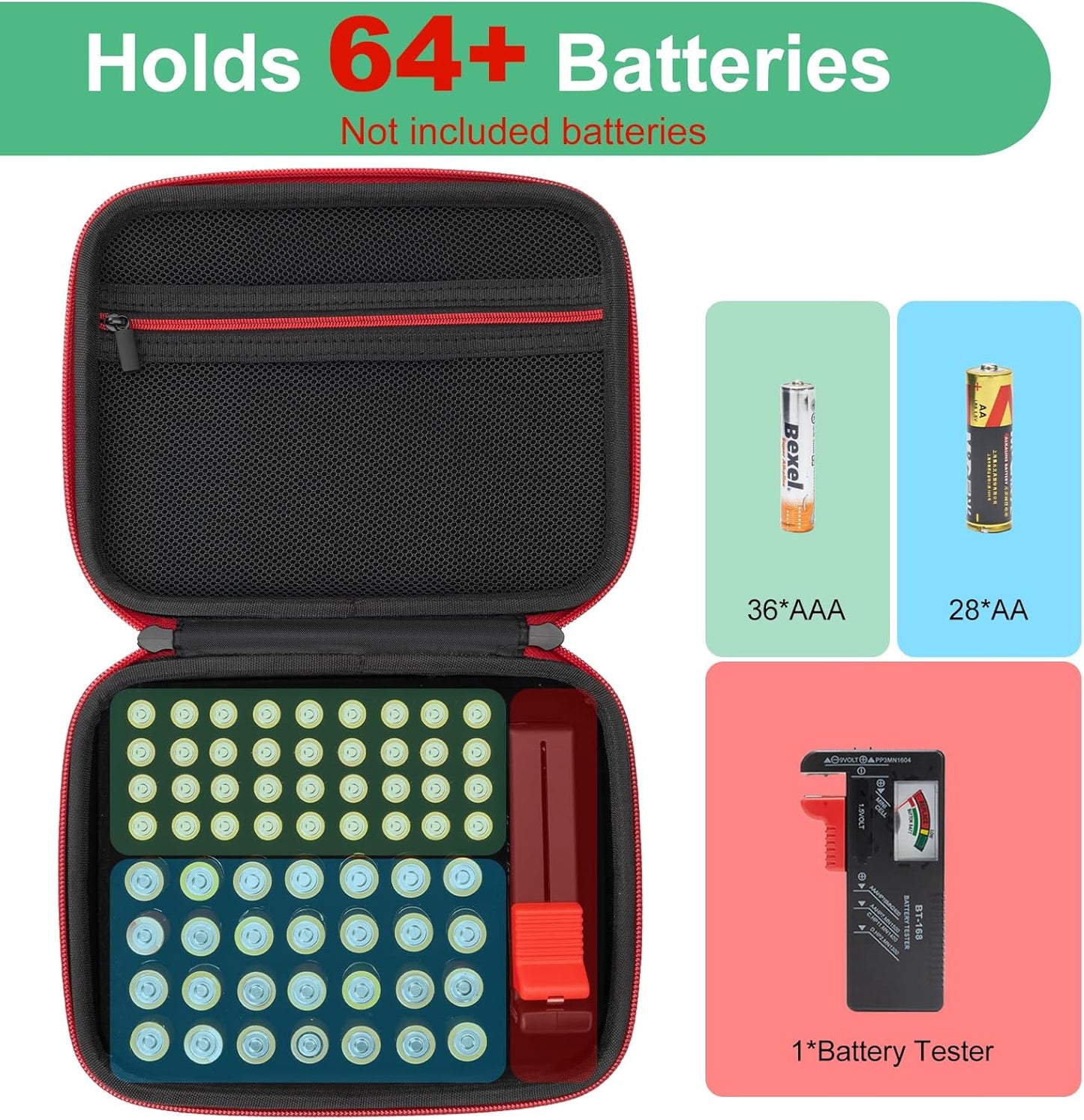 Battery Organizer Storage Case with Tester, Hardshell Portable Checker Carrying Case Holds Batteries AA AAA AAAA C D 9V, Battery Organizer Storage Box (Hold 64+ Cell)