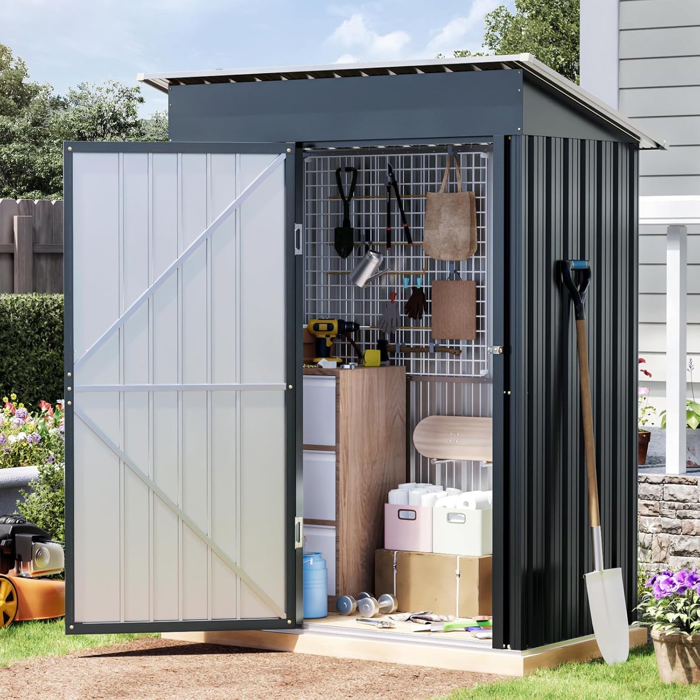 3x5 FT Outdoor Metal Storage Shed, Single Door, 1 Clear Window, Tool Shed for Garden, Patio, Backyard