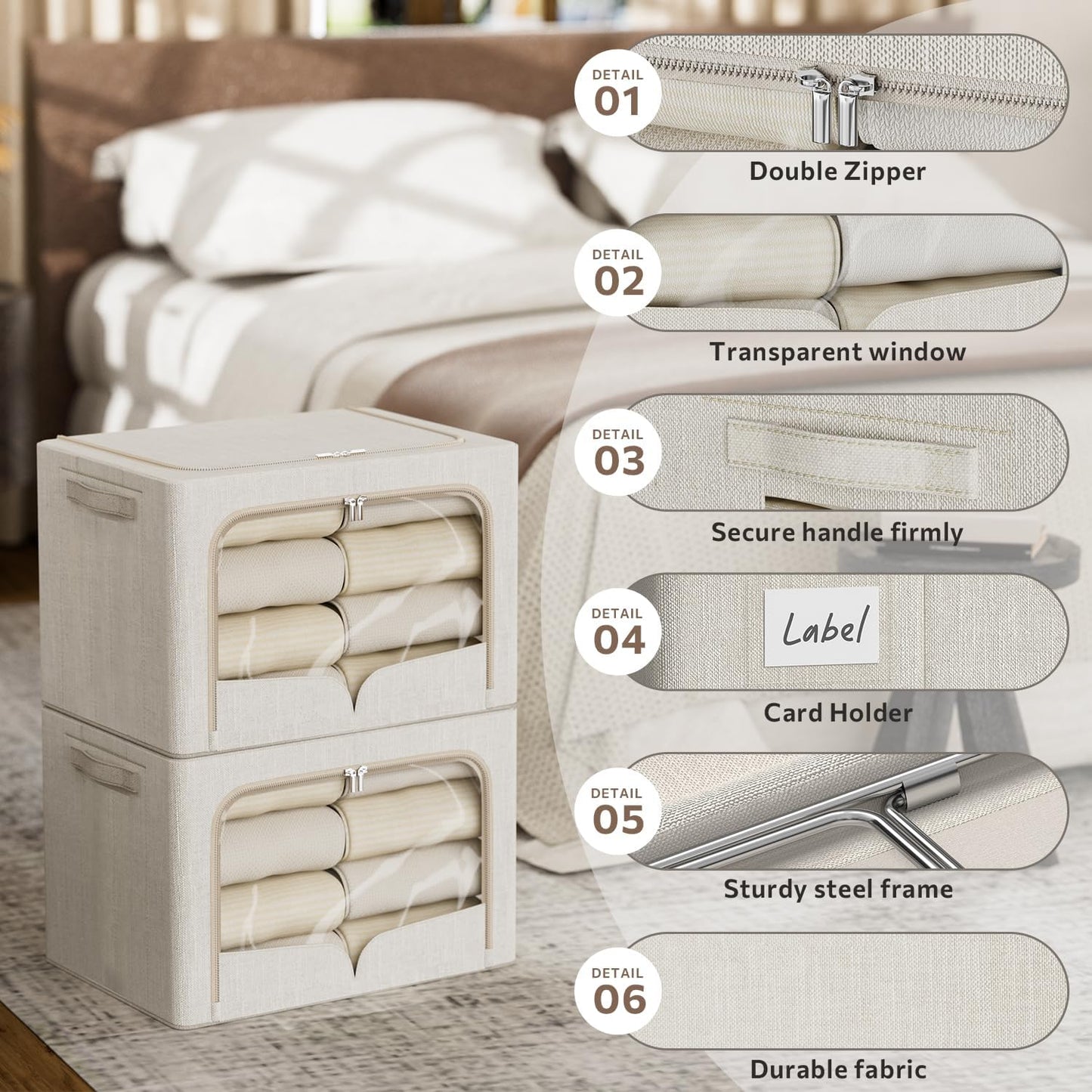 FHSQX 3 Pack Clothes Storage Bins - Foldable Metal Frame Storage Box - Stackable Linen Fabric Container Organizer Set with Carrying Handles and Clear Window (Beige, 19.7x15.7x13inch(66L))