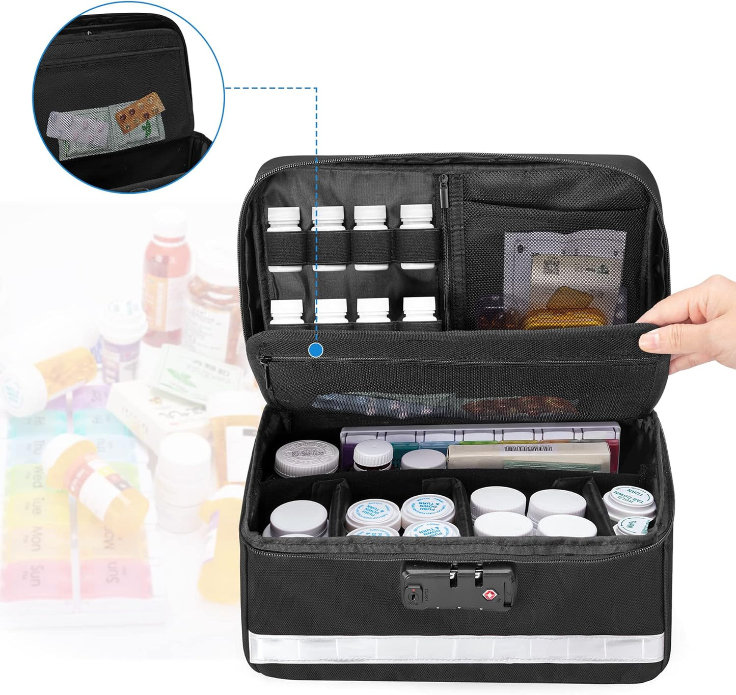 Damero Locking Pill Bottle Organizer with Inner Dividers, Medicine Storage and Organizer Bag Combination Lock for Medicine, Vitamins and Medical Supplies, Black