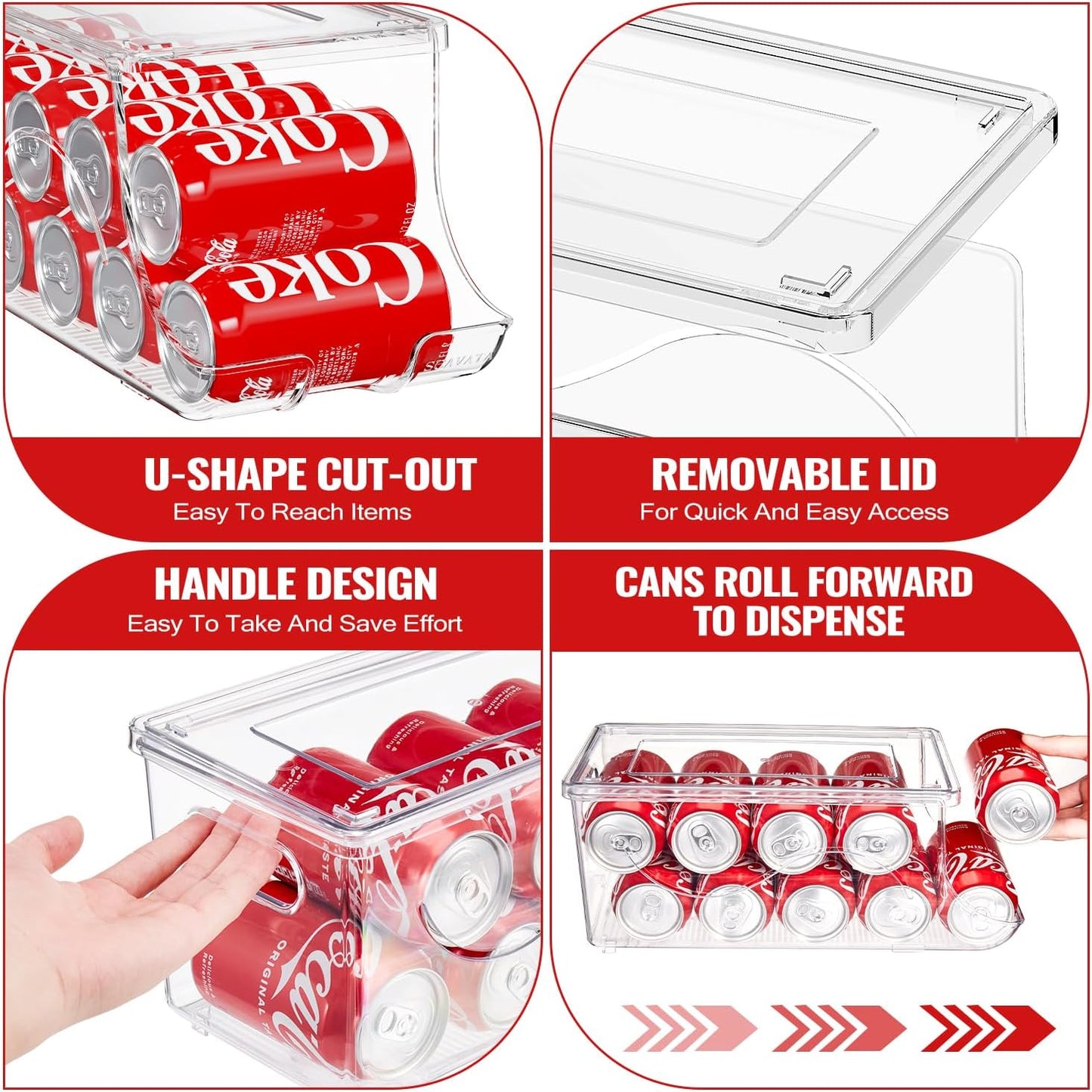 2 Pack Stackable Refrigerator Organizer, Soda Can Dispenser Pop Cans Container Beverage Holder with Lid for Fridge, Freezer, Kitchen, Clear Plastic Storage Bins-Holds 10 Cans Each (Clear)