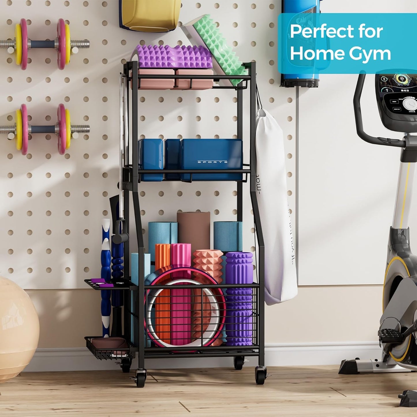 Sports Equipment & Toy Storage Rack with Wheels, 3-Tier Ball Organizer for Balls, Rackets & Sports Gear, Large Capacity with Racket Slots & Hooks, for Garage, Home Gym or Backyard – 17" W