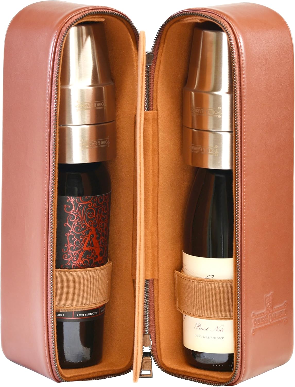 POUR & GARNISH Bourbon, Whiskey & Wine Double Bottle Travel Bag – Vegan Leather Spirits Carrier with 4 Stainless Steel Insulated Glasses & Gift Pouch – Luxury Barware Gift