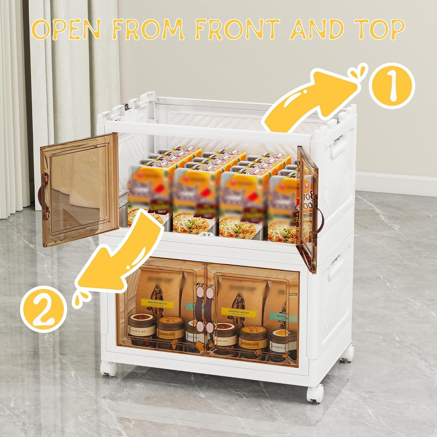 Storage Bins with Lids and Wheels, Collapsible Bathroom Storage Cabinet with Clear Doors, Plastic Stackable Closet Organizers and Storage Containers White 90 QT