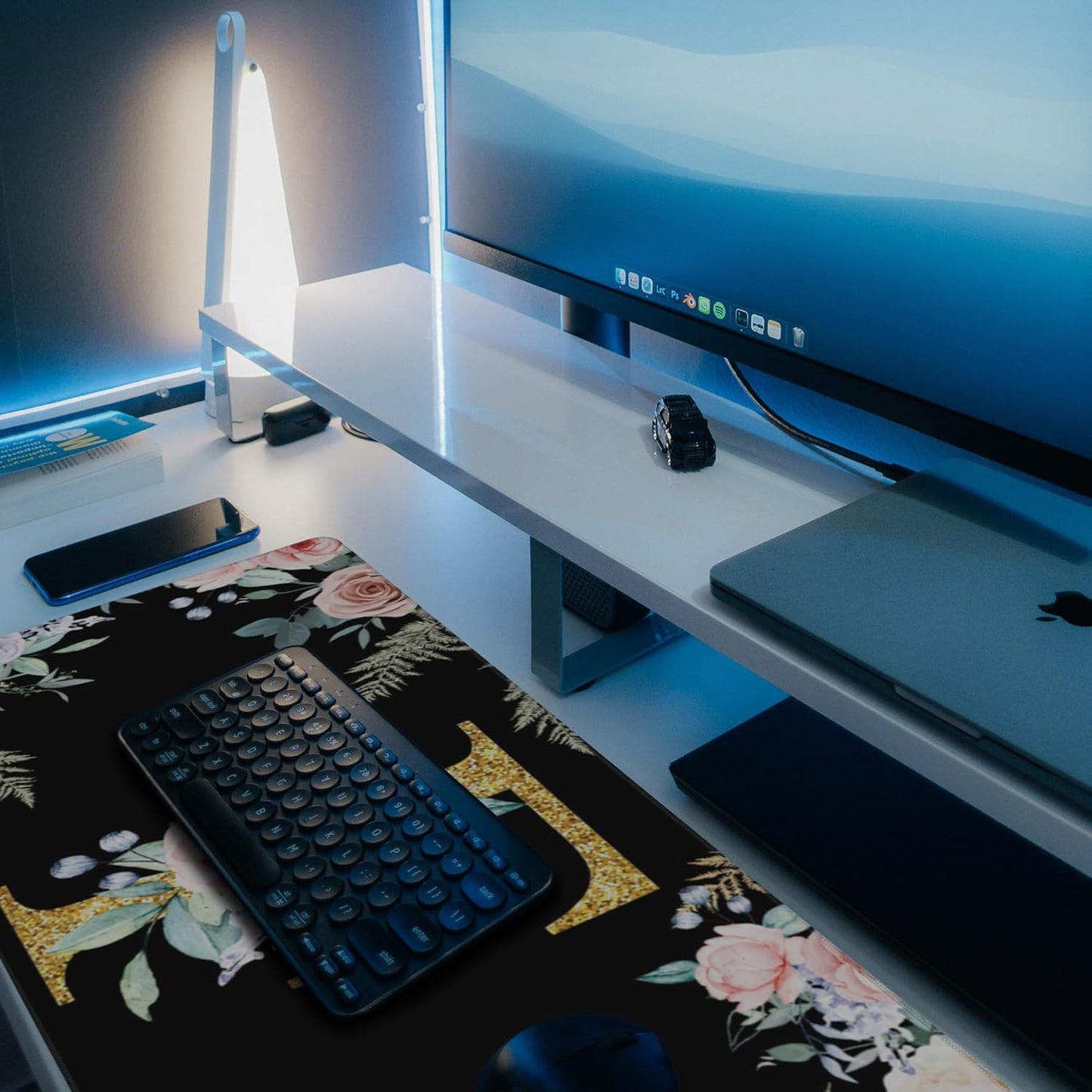 Desk Mat, Flower Golden Letters F Extended Gaming Mouse Pad Large, 35.4"x15.7" Big Mouse Pad with Non-Slip Base and Stitched Edge, Long Computer Keyboard Mouse Mat for Home Office Work