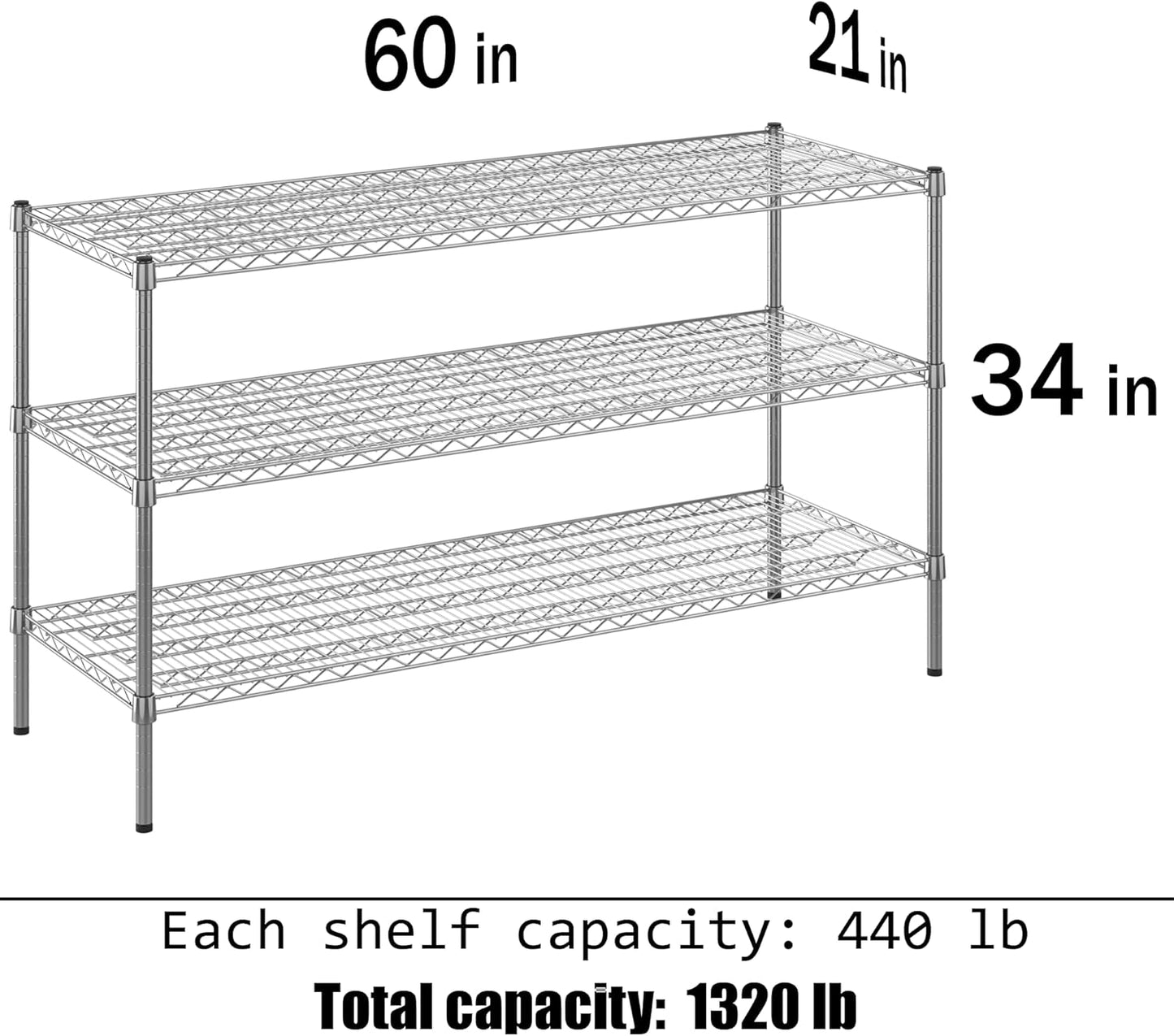 21" Deep x 60" Wide x 34" Height Wire Shelving Kit | 3-Tier | NSF Commercial Storage Rack Unit