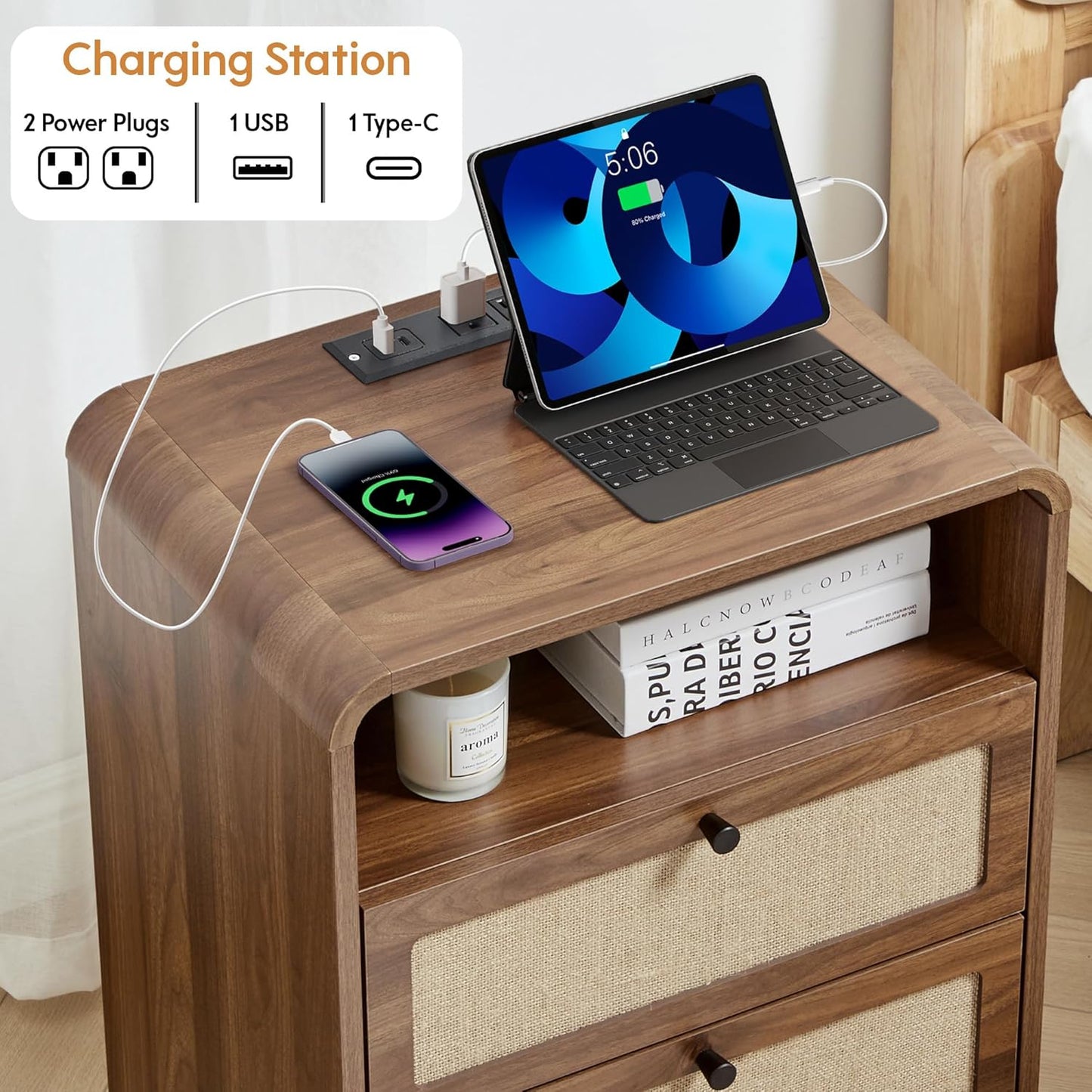 Set of 2 Night Stand with Charging Station, 19.7" Wooden Side Table Curved Nightstands with 2 Drawers & USB/Type-C Ports, Mid Century Modern End Table for Living Room, Bedroom, Nature Linen, Walnut