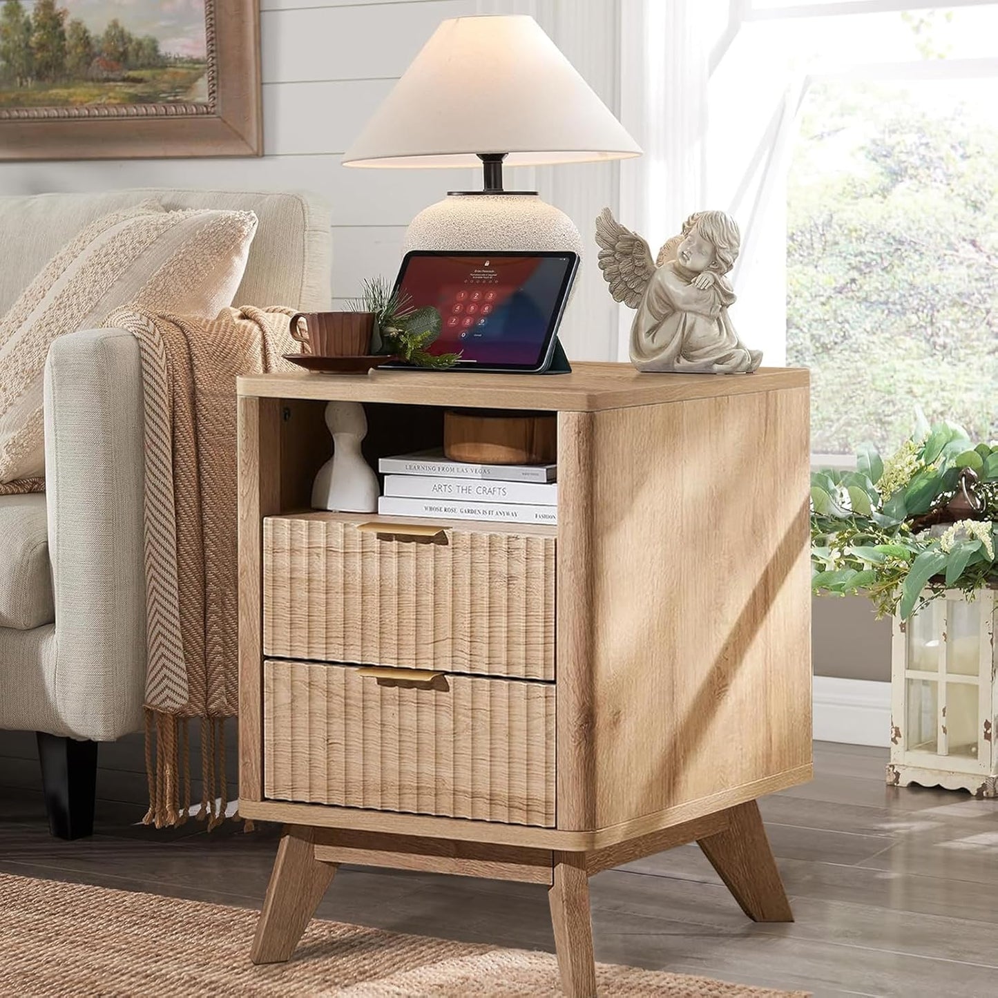 Fluted Nightstand - 24" Modern Bedside Table w/ 2 Drawers, Wood Bed Side End Table with Open Shelf, Night Stand with Storage Drawer, Curved Design Night Stands for Bedroom Living Room (Nature)