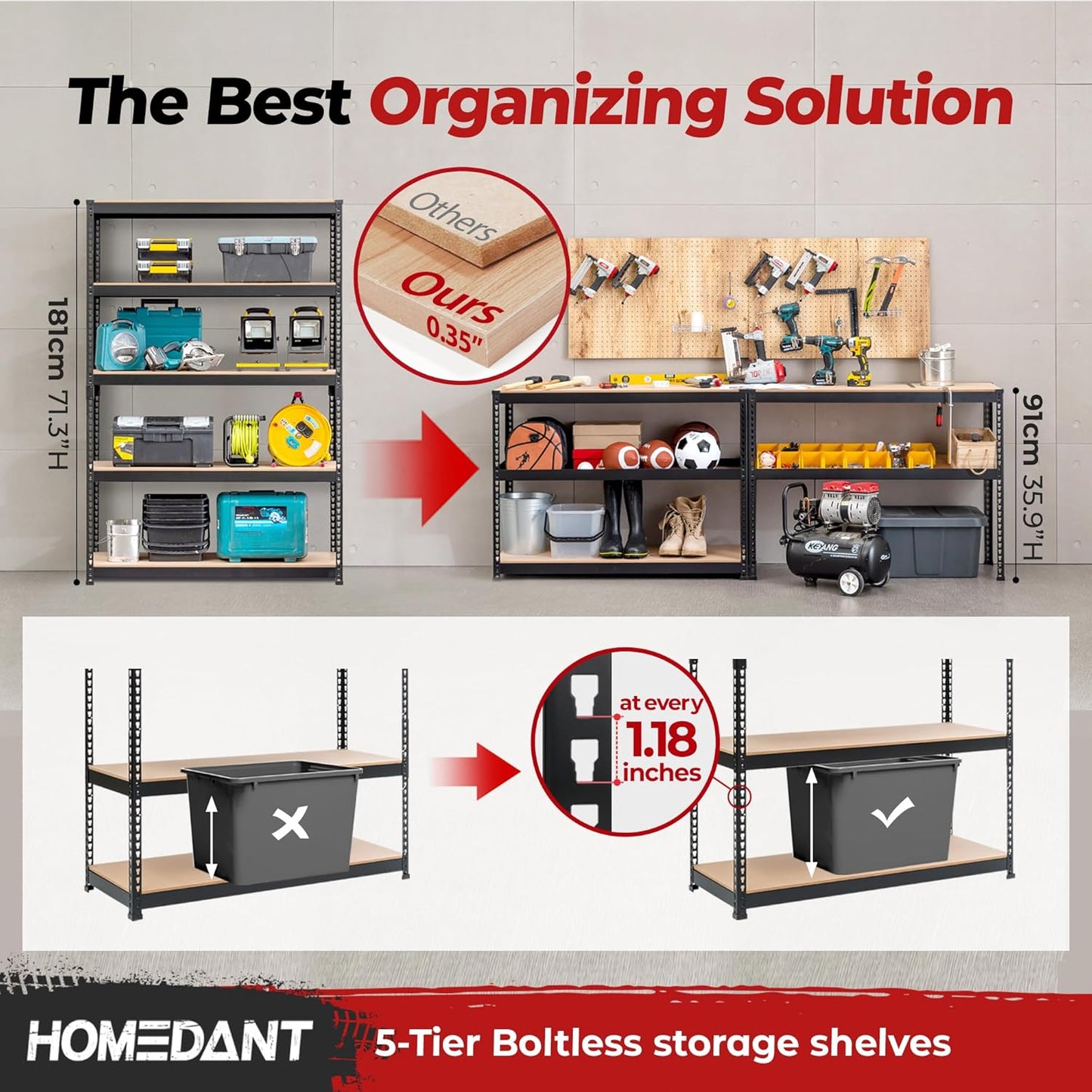 HOMEDANT 5 Tier Storage Shelves Adjustable Laminated Boltless Garage Metal Shelving Unit Heavy Duty Utility Rack Shelf Warehouse Pantry Closet Kitchen (4, (L) 48.1" W, Black)