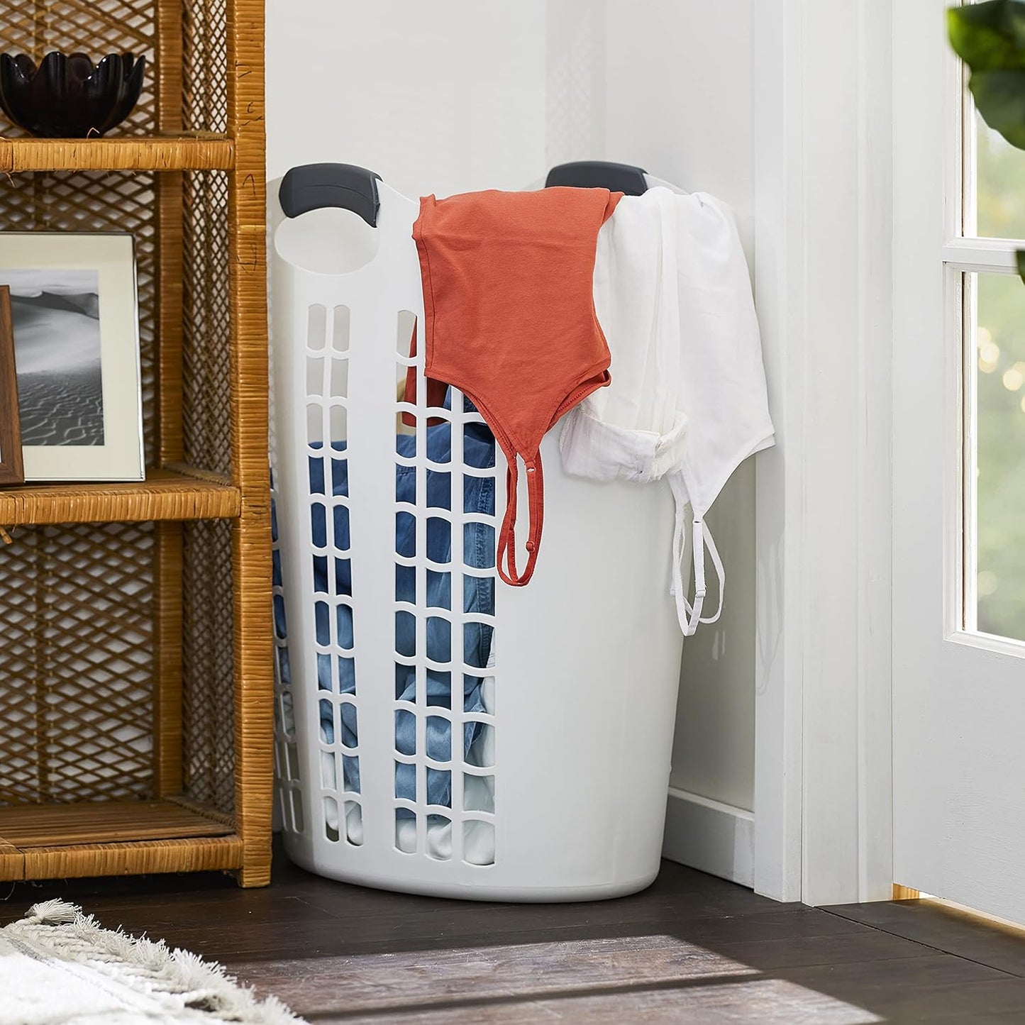 Gracious Living Easy Carry Flex Hamper, Large 87.5 Liter Lightweight Plastic Ventilated Laundry Basket Clothes Bin with Handles, White (4 Pack)