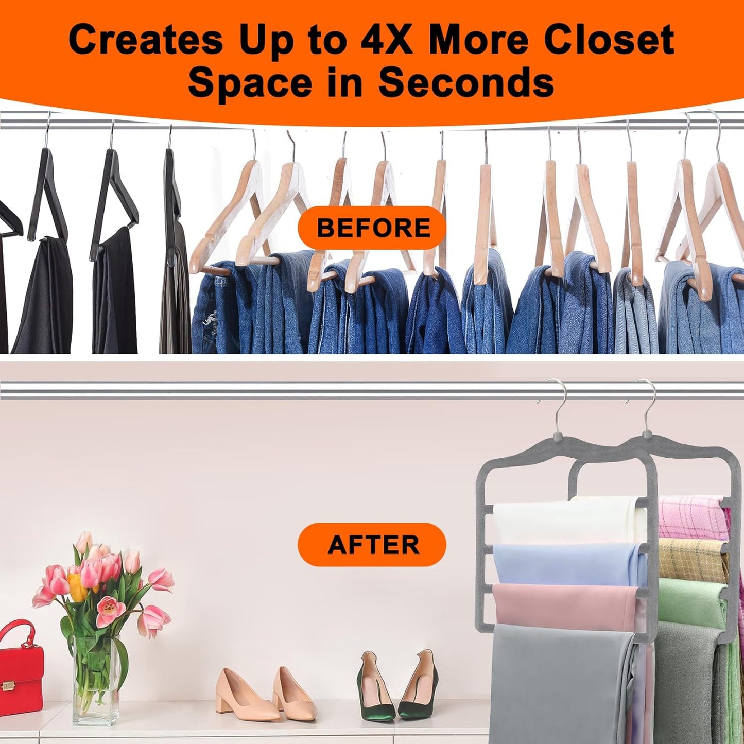 Closet Organizers and Storage, Magic Pants Hangers Space Saving, 4 Tiers Skirt Hangers, Jean Scarf Hangers, Closet Organizer Clothes Hangers, College Dorm Essentials Apartment Essentials-2 Pack