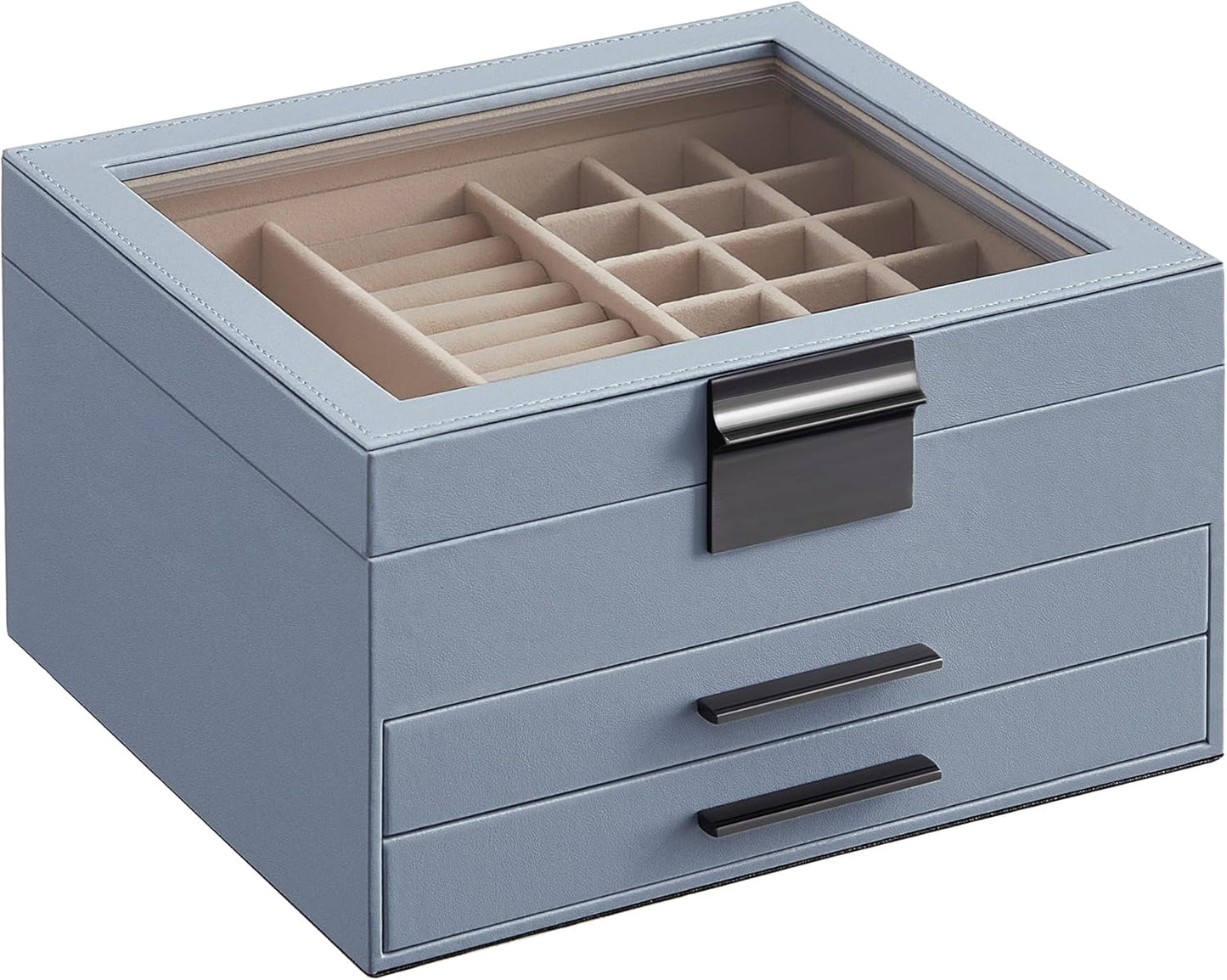 SONGMICS Jewelry Box Organizer with Glass Lid, 3-Layer Jewelry Storage, with 2 Drawers, Modern Style, Christmas Gift, 8 x 9.1 x 5.3 Inches, Smoky Blue and Silver UJBC239BU