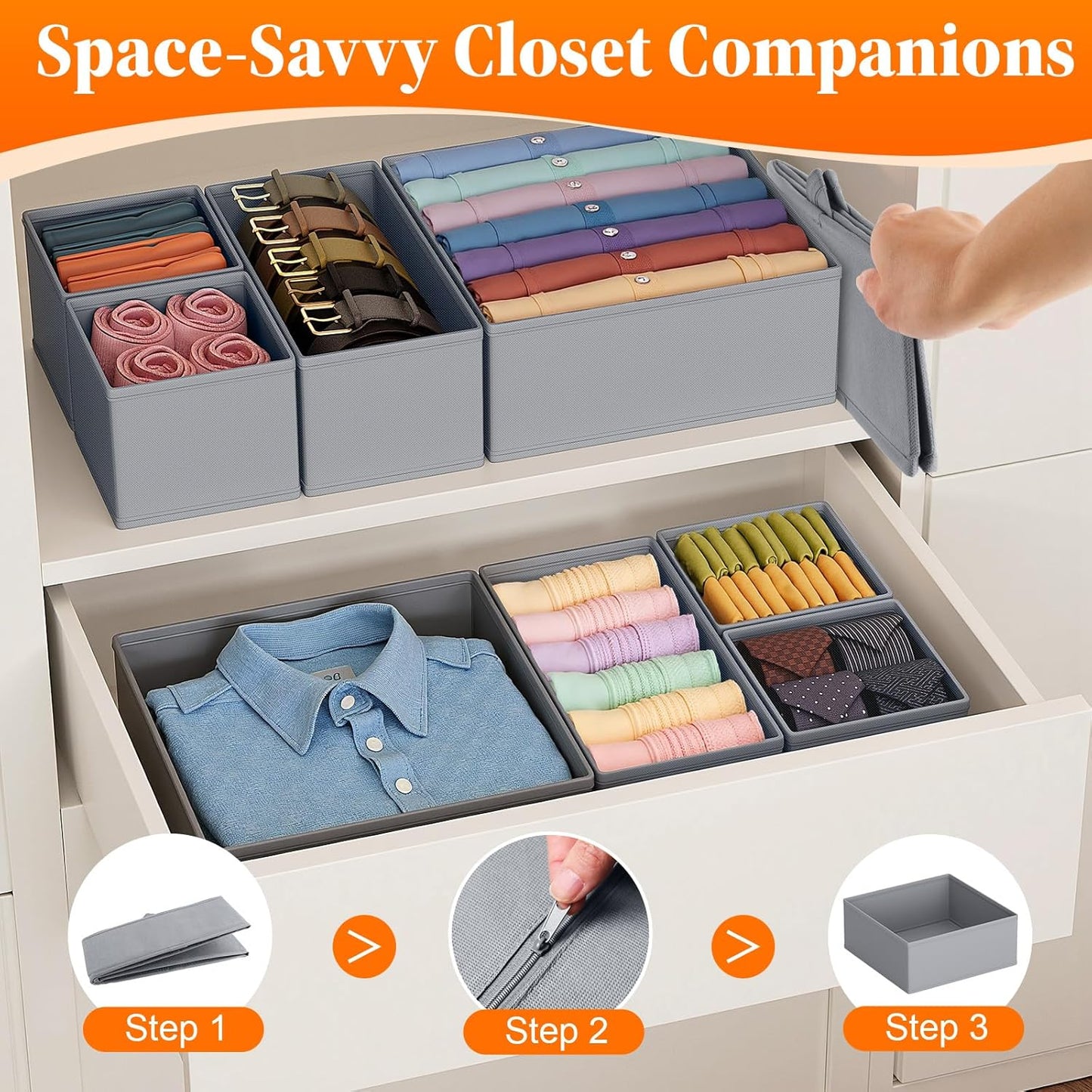 Drawer Organizer Clothes, 24 Pack Drawer Organizers and Underwear Organizer for Nursery, Dividers Clothes Organizer, Closet Organization and Foldable Storage Bins for Socks, Bra, Tie, Grey