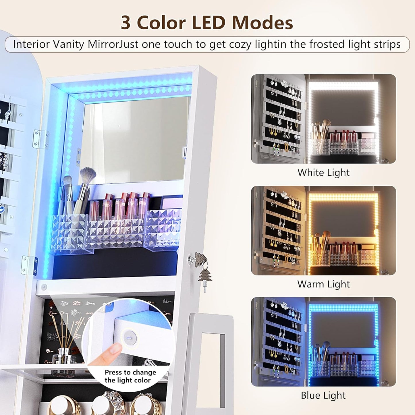 360°Swivel jewelry organizer with Full Length Mirror with Lights,Jewelry Armoires Cabinet Standing with Drawer,Large Mirror Storage for Jewelry and Makeup（White）