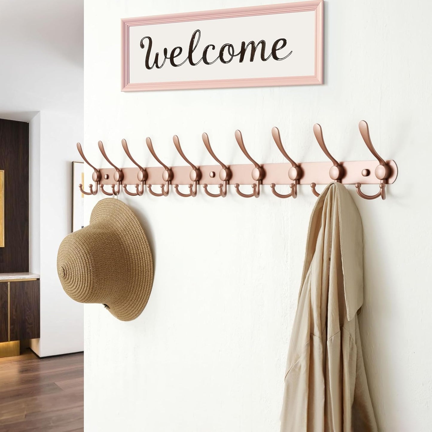 Dseap Coat Rack Wall Mount - 38” Long 10-Tri-Hooks Heavy Duty Coat Hanger Rail Wall Hooks for Hanging Coats Hats Clothing Clothes Purse Mudroom Entryway, Rose Gold